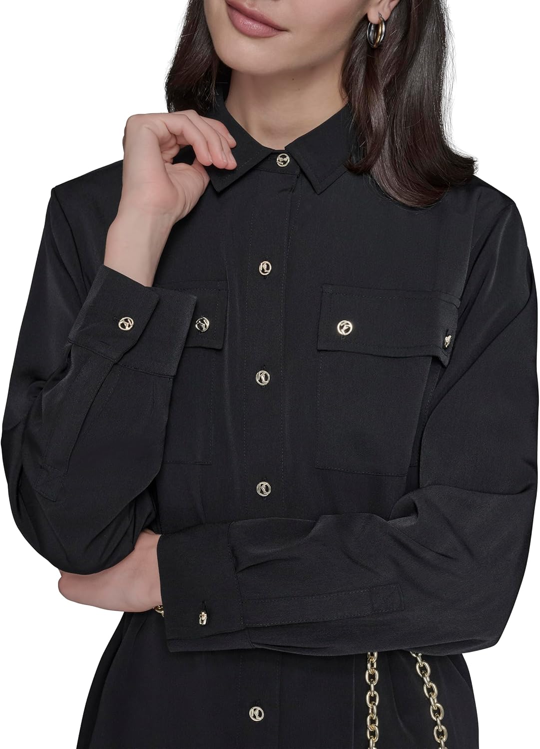 Karl Lagerfeld Womens Long Sleeve Oversized Essential with Chain Belt Button Down - Image 5