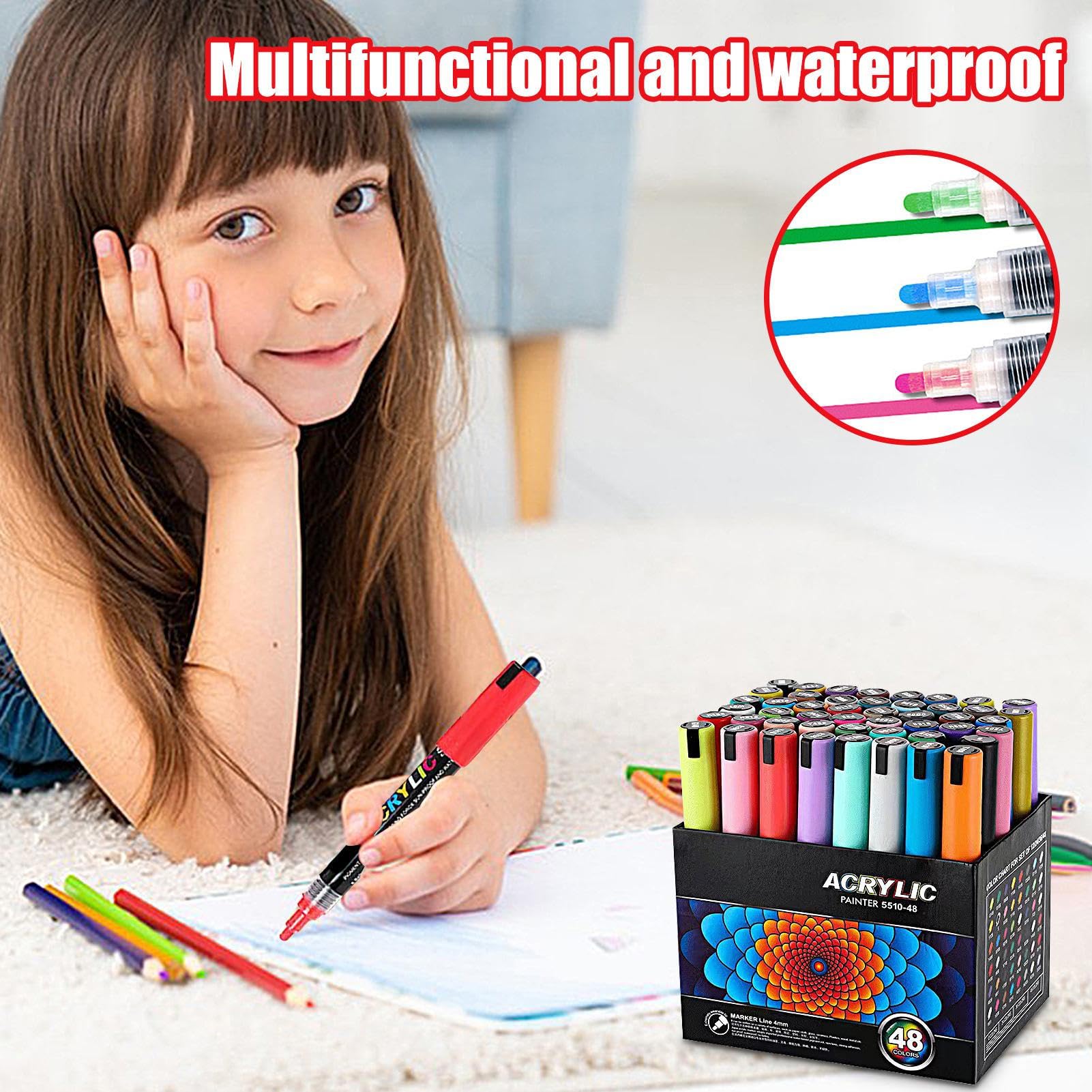Acrylmalstifte, schnell trocknende Kleidungsmarker, Leinwand Stoff | Malmarker, wasserdichte Beschichtung, 48 Farben Marker für Felsmalerei, Acryl-Marker mit extra feiner Spitze zum Malen