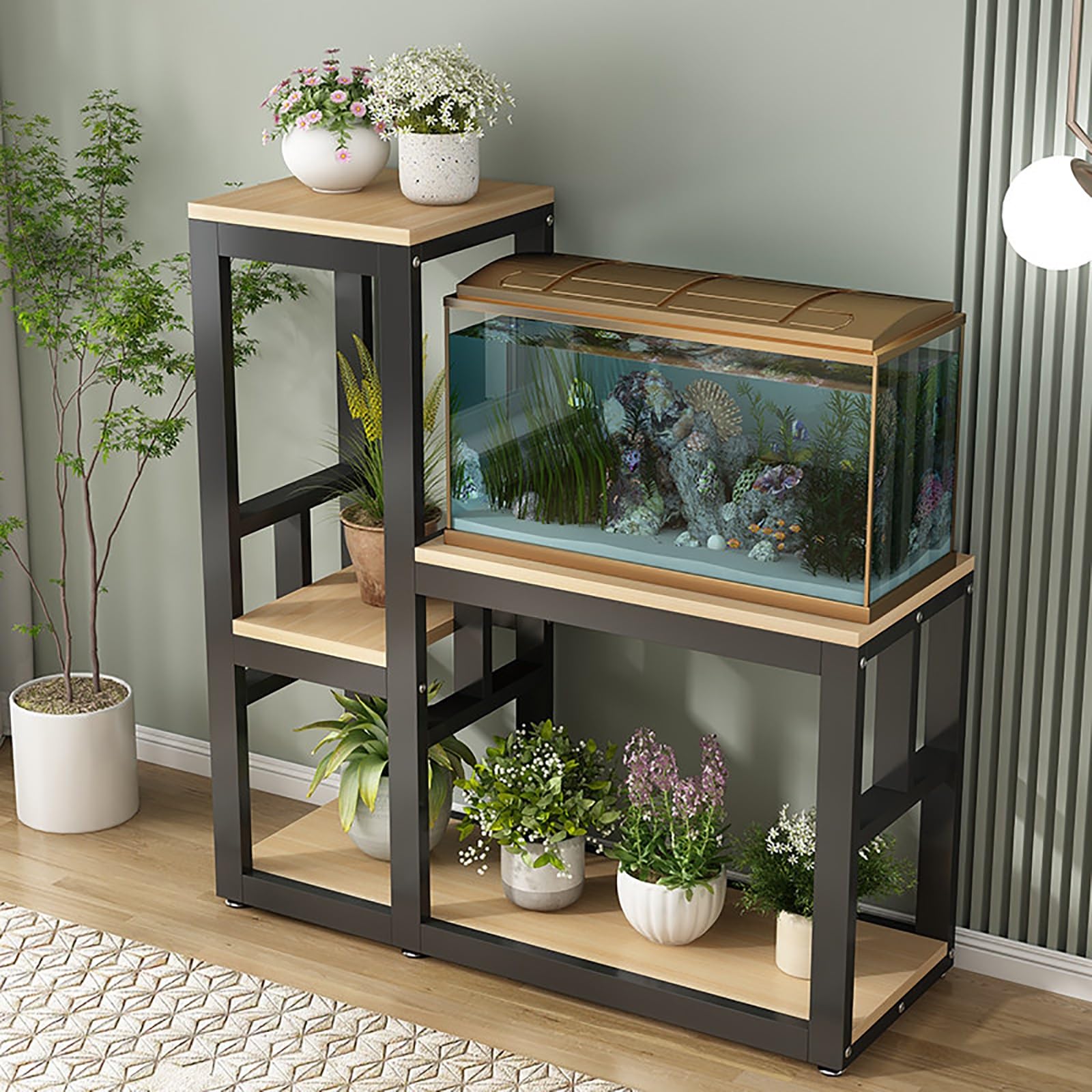 Stojak do akwarium, stojak na terrarium, z regałem do przechowywania, wytrzymały stojak na gady, nadaje się do użytku domowego i biurowego, idealny dla gadów, żółwi, ryb (czarny + orzech włoski, 31,5