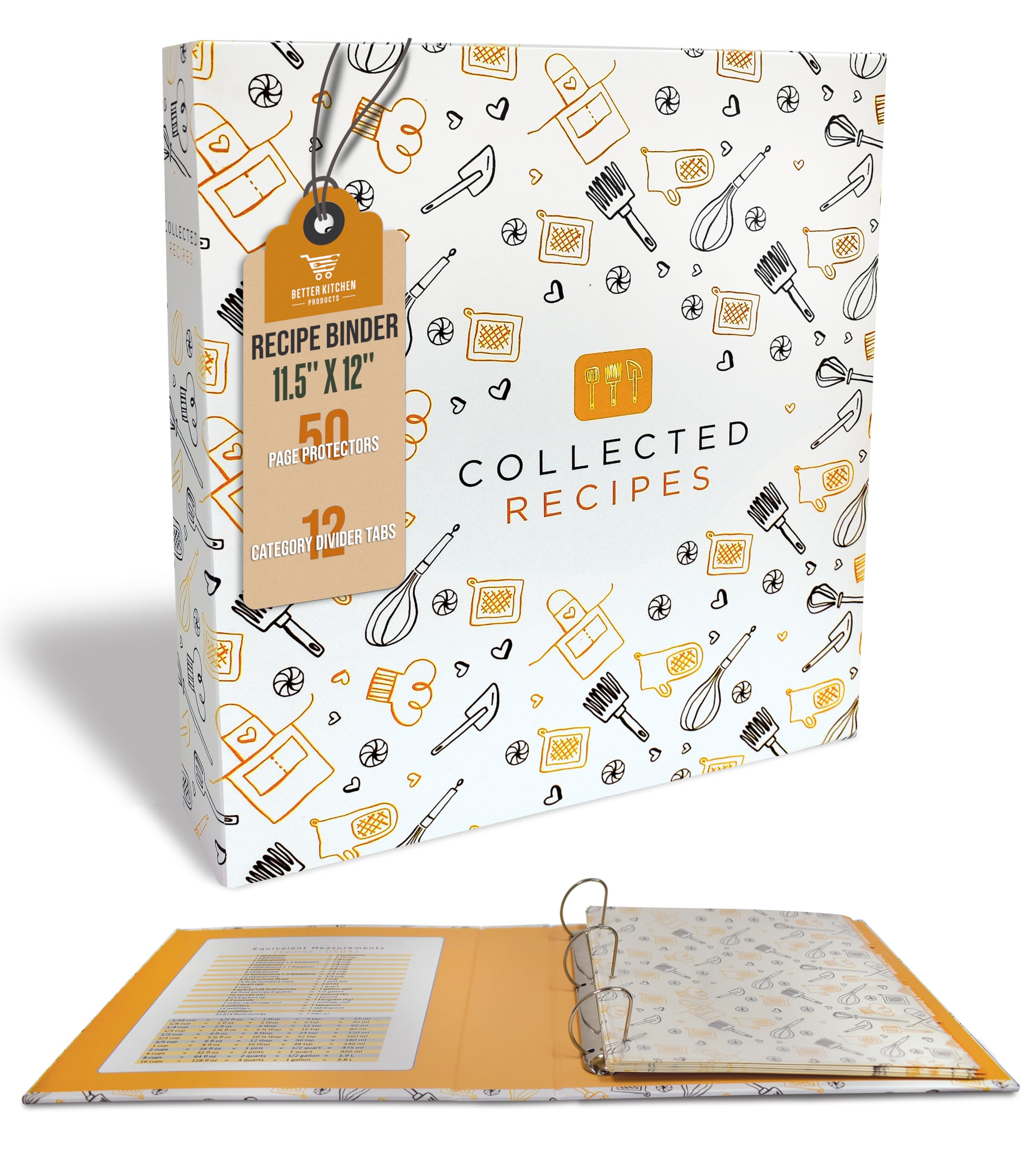 Better Kitchen Products Recipe Binder, Full Page 3 Ring Standard Binder Organizer Set (with 50 Page Protectors & 12 Category Divider Tabs) by Better