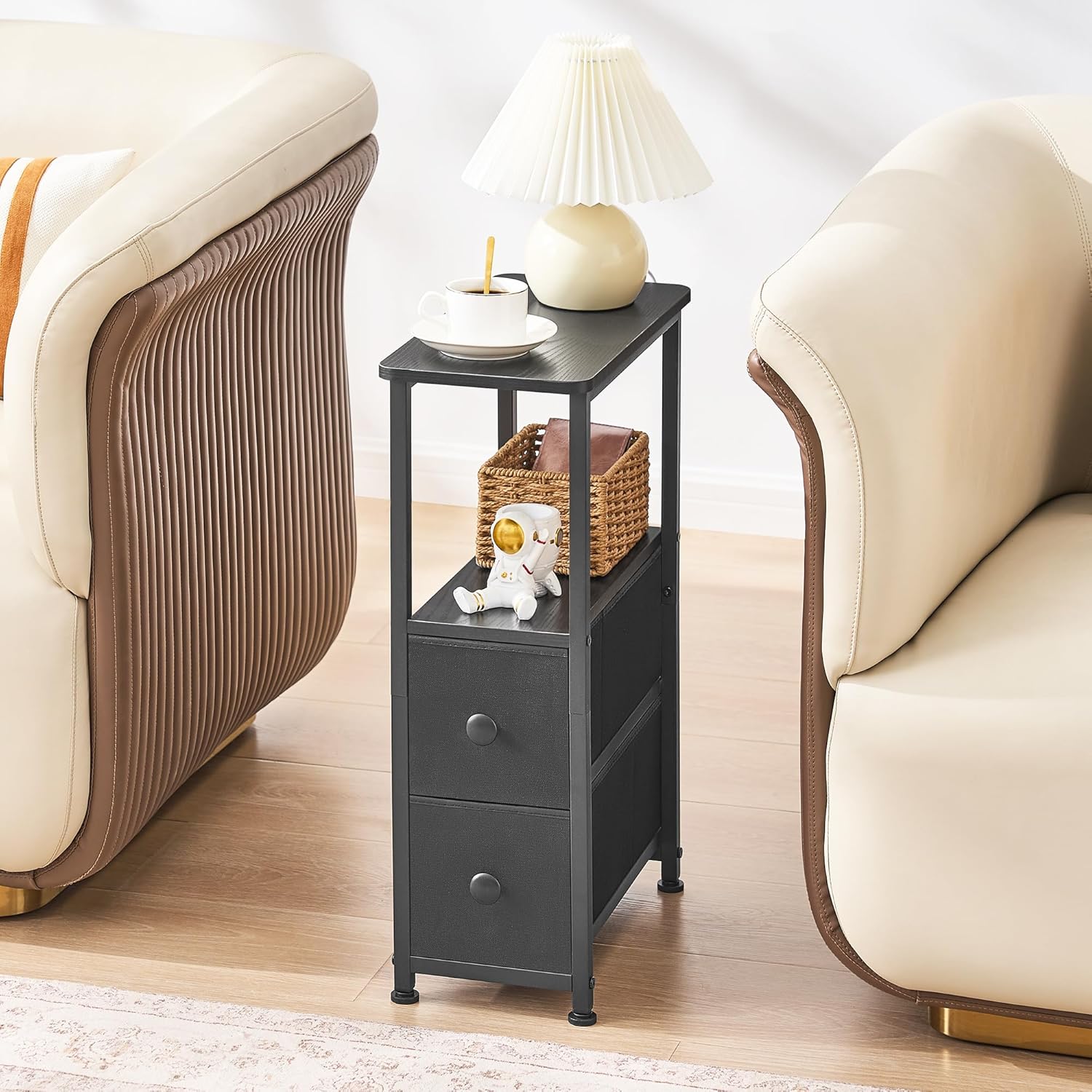 DALEMHOME End Table, Narrow Side Table with 2 Fabric Drawers, Slim Nightstand, Small Bedside Table with Storage, Living Room, Bedroom, Black HKET1200BK