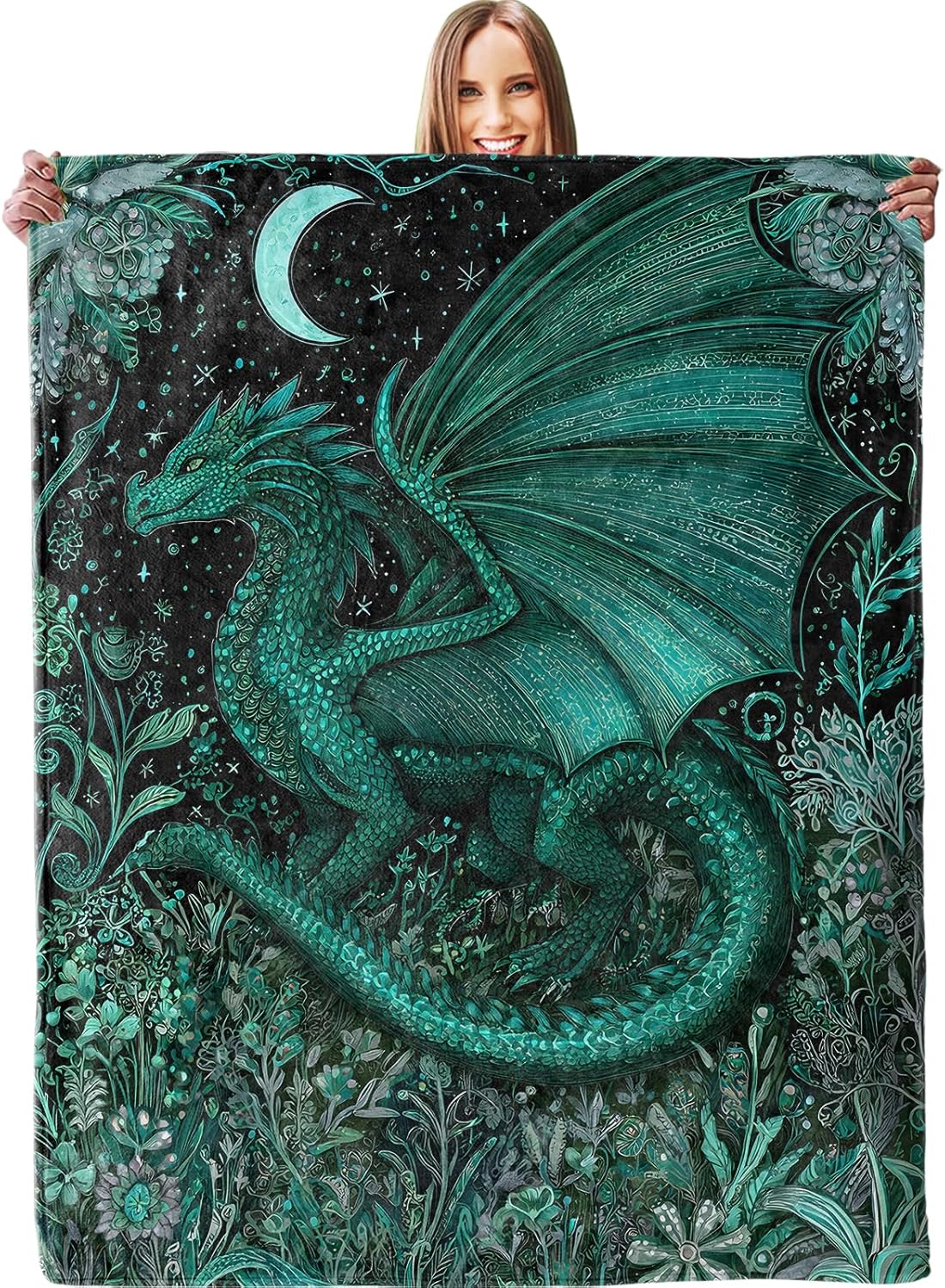 Enchanted Green Dragon Blanket - Plush, Soft, Comfy, Lightweight, Warm, Fuzzy, Cozy Flannel Throw Blanket for Couch, Travel, Bed, Office, Outdoor - 60in×80in