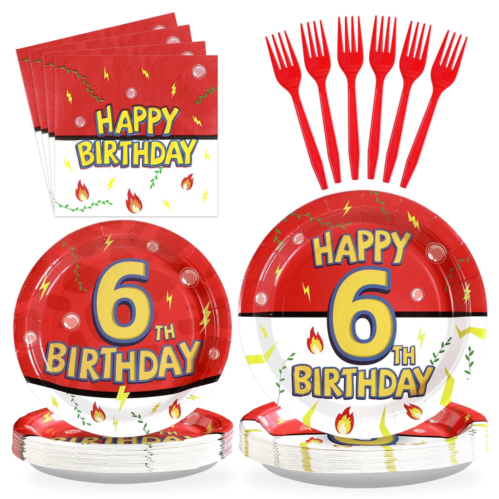 Grencian 96Pcs Happy 6th Birthday Party Supplies Cartoon Anime Themed Paper Plates and Napkins Tableware Sets Red and White Decoration for 6 Year Old