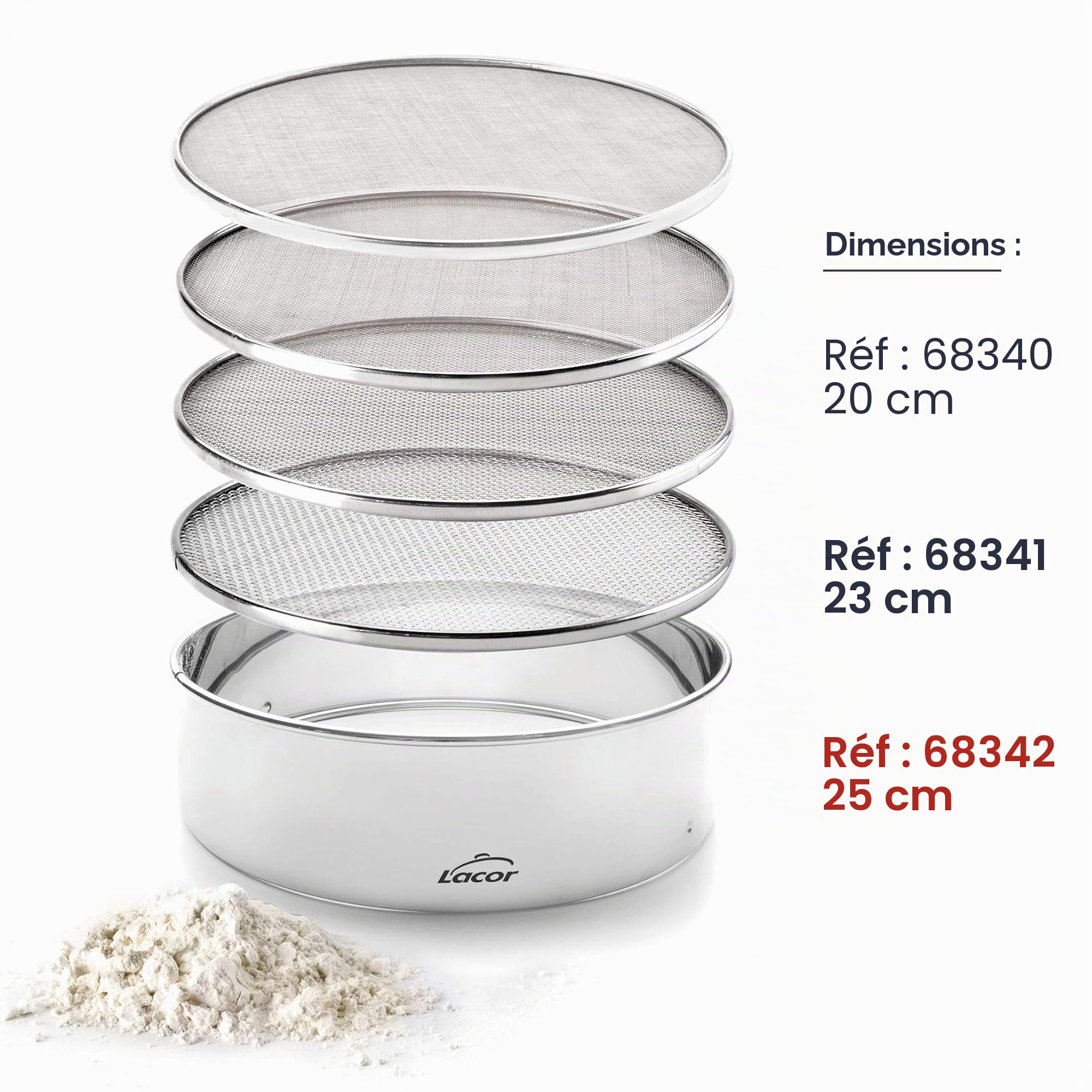 Lacor 68342 - Tamis interchangeable, tamis de cuisine, 4 mailles | Ustensile professionnel durable; conçu pour un rendement optimal y nettoyage rapide et facile au lave-vaisselle