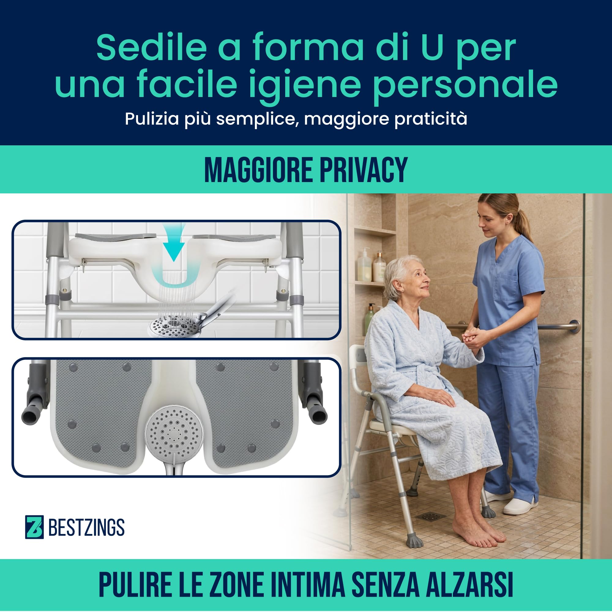 Sedia Doccia Anziani e Disabili, Sedia per Doccia e Sedia da Doccia Pieghevole, Seggiolino Doccia, Sedile per Doccia, Sgabello Doccia Regolabile con Schienale, 100 kg