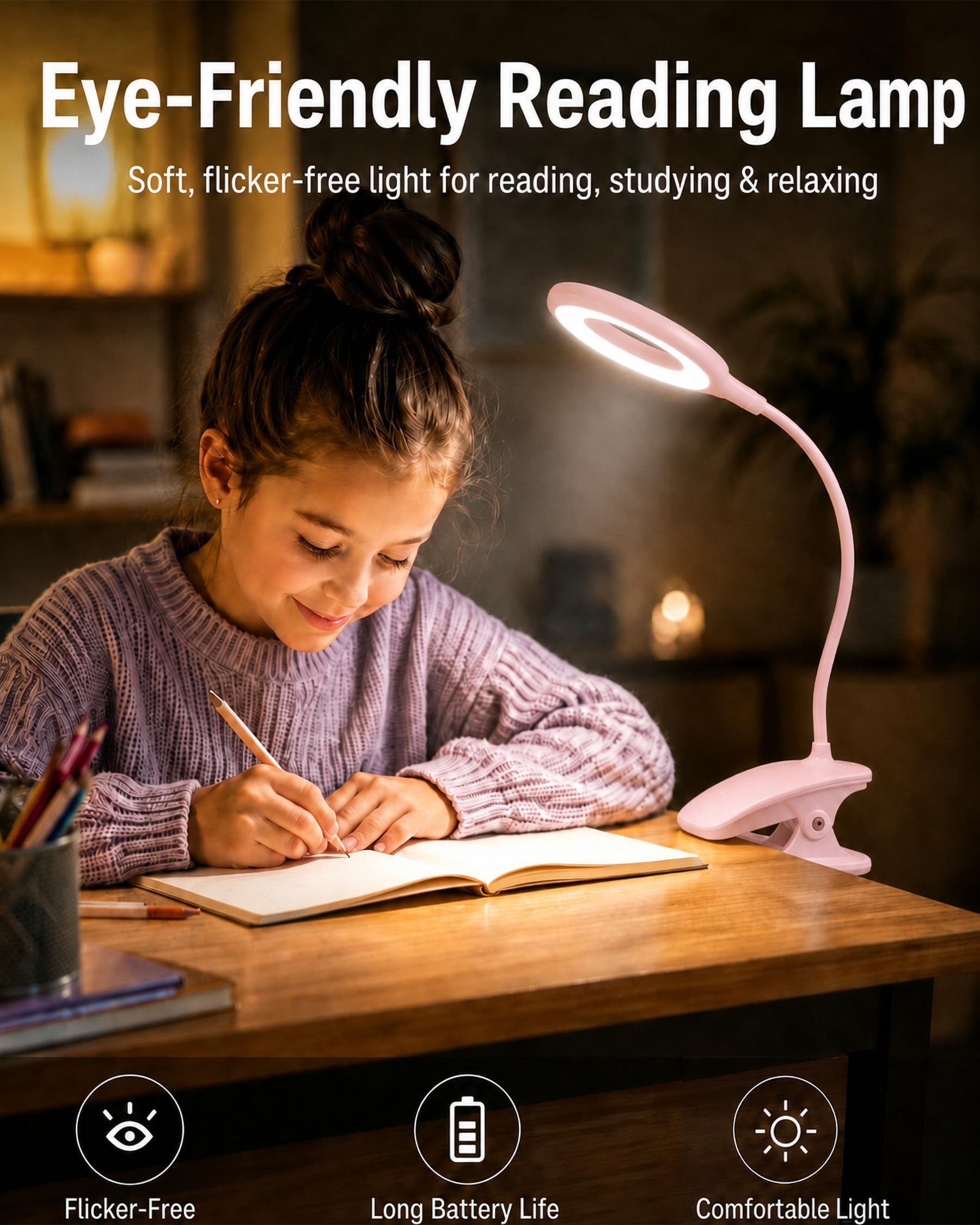Lampada da lettura a clip, 5 W per testiera del letto, lampada da lettura alimentata a batteria, dimmerabile al tatto, luce da lettura ricaricabile tramite USB, luce a morsetto per braccio
