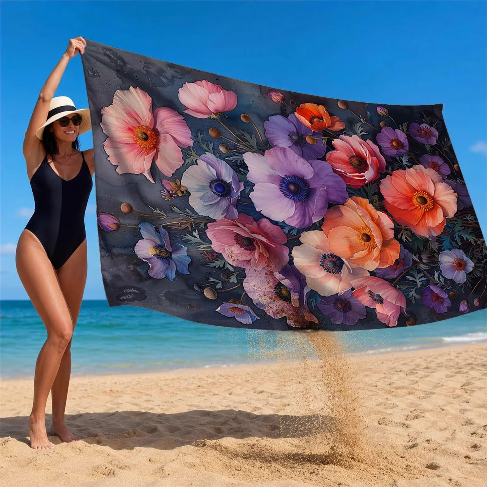 Púrpura Toalla Playa 220 x 160 Resistente a la arena Secado rápido Ligero, Toalla Playa Grande 160x220cm Suave Cómodo como Gym Yoga Sauna Toallas Baño Grandes Exterior Travel Essentials Flor XTLS-3797