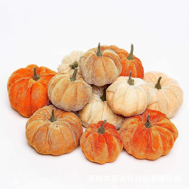 Artificial Pumpkins 12PCS Fake Artificial Velvet Small Pumpkins for Halloween, Fall and Thanksgiving Party Decoration