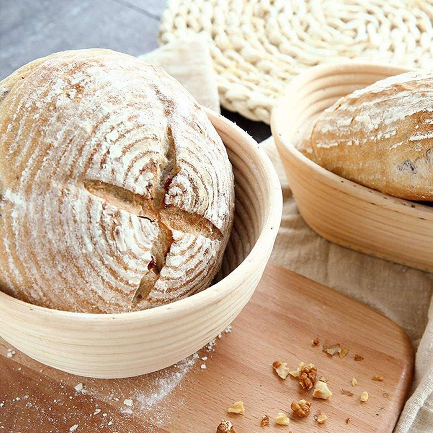 Zestaw 2 koszy do pieczenia chleba, 25 cm, zestaw misek do pieczenia ciasta na zakwasie, zawiera narzędzie do cięcia chleba, skrobak, słoik startowy i pudełko do sprawdzania, idealne prezenty dla