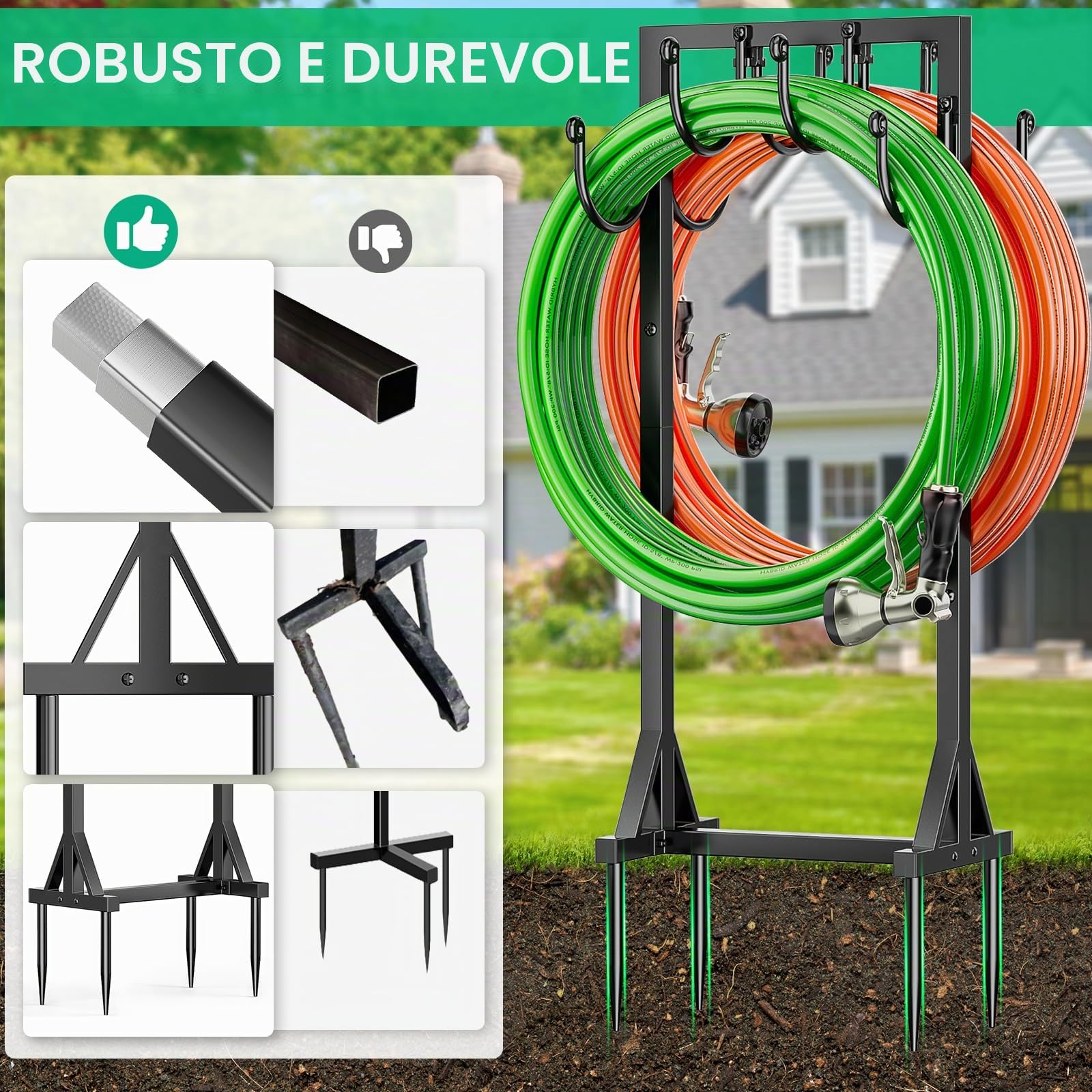 Bomclap Supporto per tubo da giardino, 116 cm, supporto per tubo a doppia faccia, autoportante per giardino, supporto per tubo dell'acqua in metallo rimovibile con ganci, heavy duty, supporto stabile