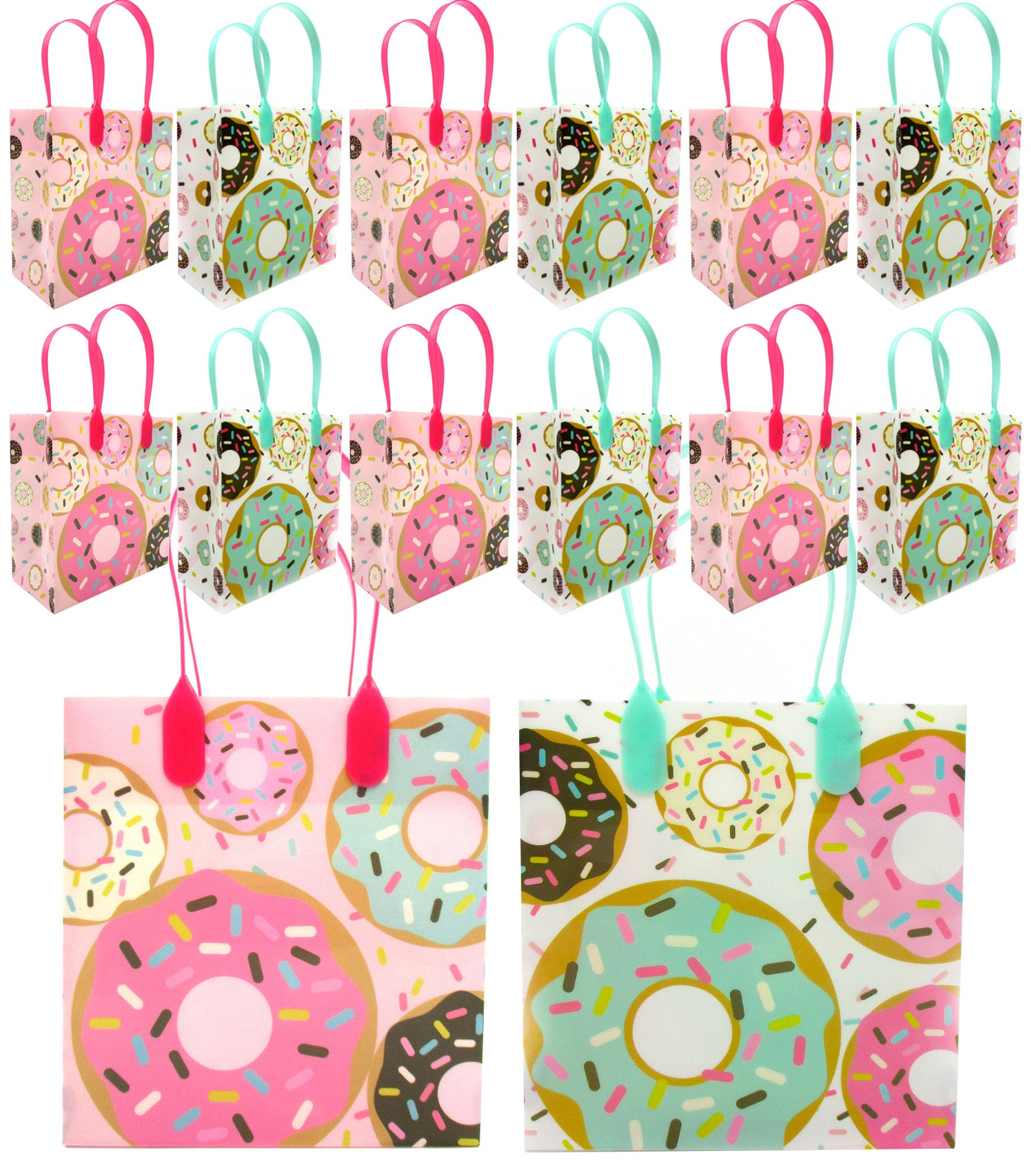 TINYMILLS Donut Party Bags With Handles - Kids Birthday Treat Bags for Goody and Supplies, 12 Pack