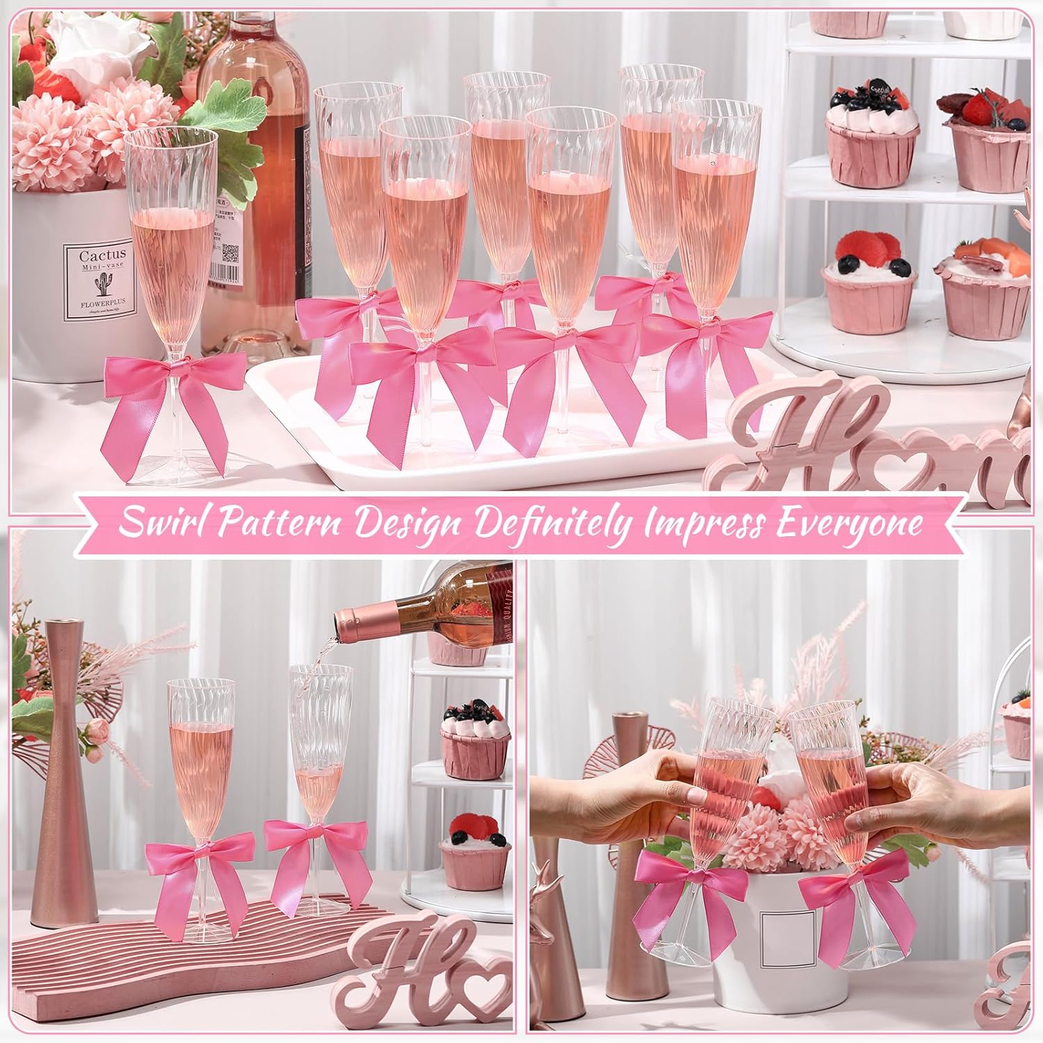 Zopeal 20 Pcs 6 oz Champagne Flutes Plastic Disposable Clear Wine Glasses Plastic Cocktail Glasses with 50 Pcs Bow Decoration 3.5 inches for Weddings Toasting Graduation Party(Pink Bow)