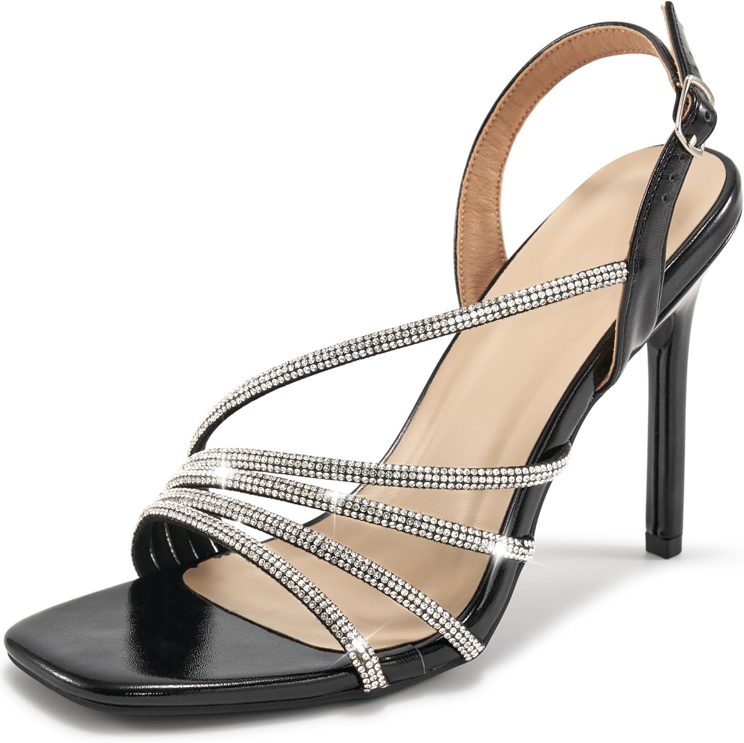 harence heels for women stilettos sandals: square open toe strappy high heeled ankle strap rhinestone dress shoes for wedding prom party bridesmaid 8 black