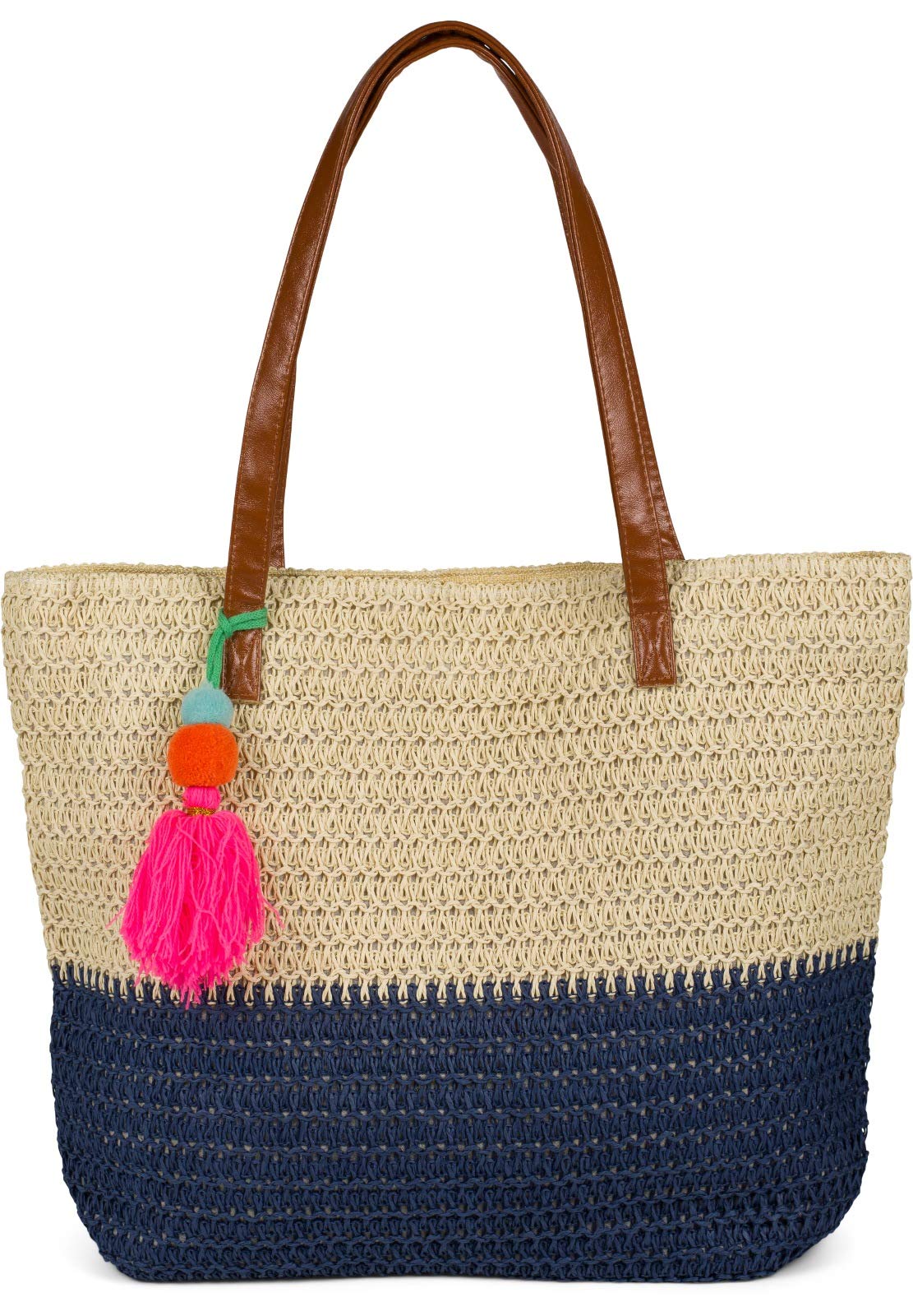 styleBREAKER Borsa a spalla intrecciata da donna bicolore, borsa da spiaggia con manici lunghi, borsa intrecciata, chiusura lampo 02012371