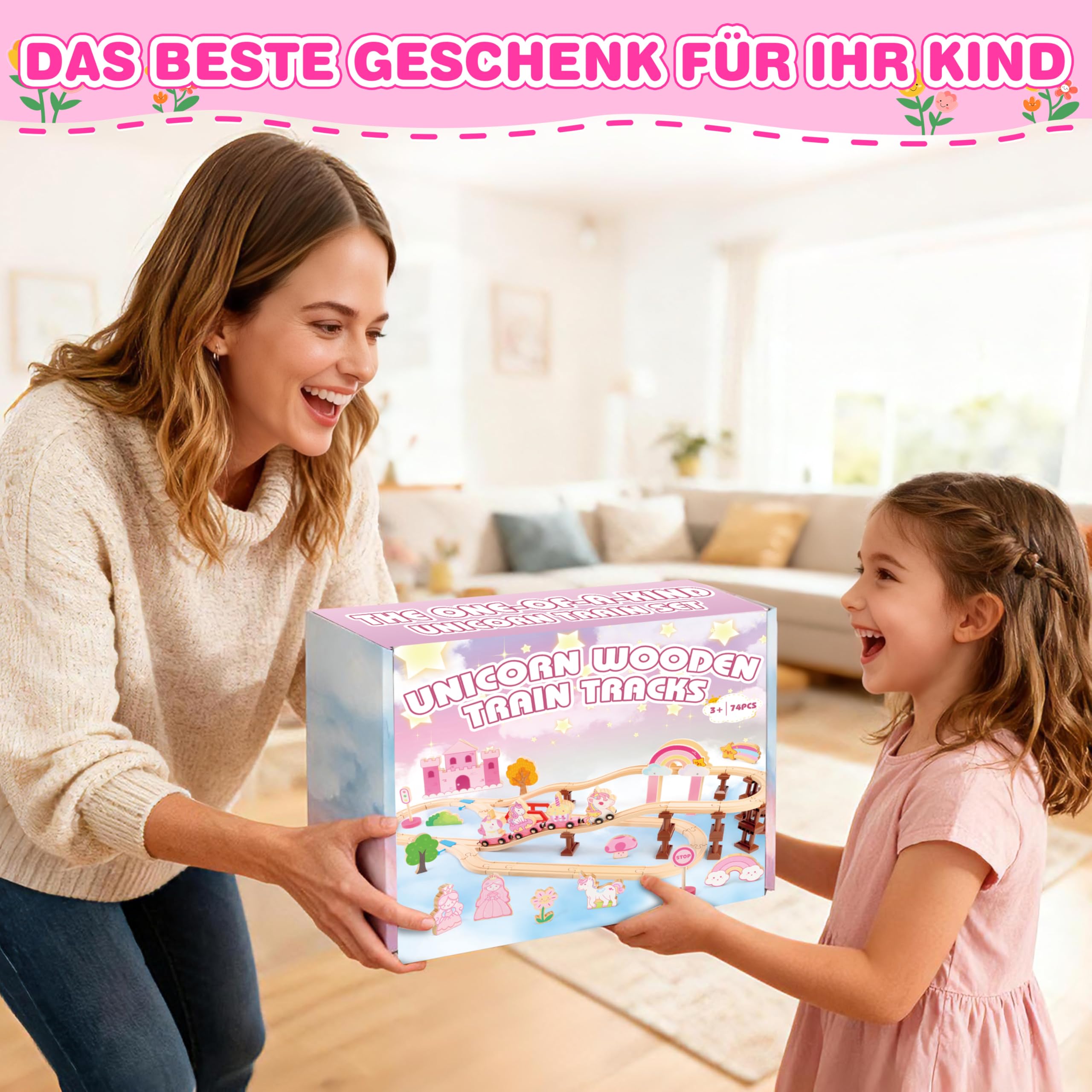 MOMOSTAR 74 Stück Rosa Thema Holzeisenbahn Set, Einhorn Geschenke für Mädchen 3-5 Jahre, Eisenbahn Kinder Magnetisch Zug Spielzeug Mädchen 3 4 5 Jahre，Einhorn Spielzeug Holzspielzeug Ab 3 Jahre