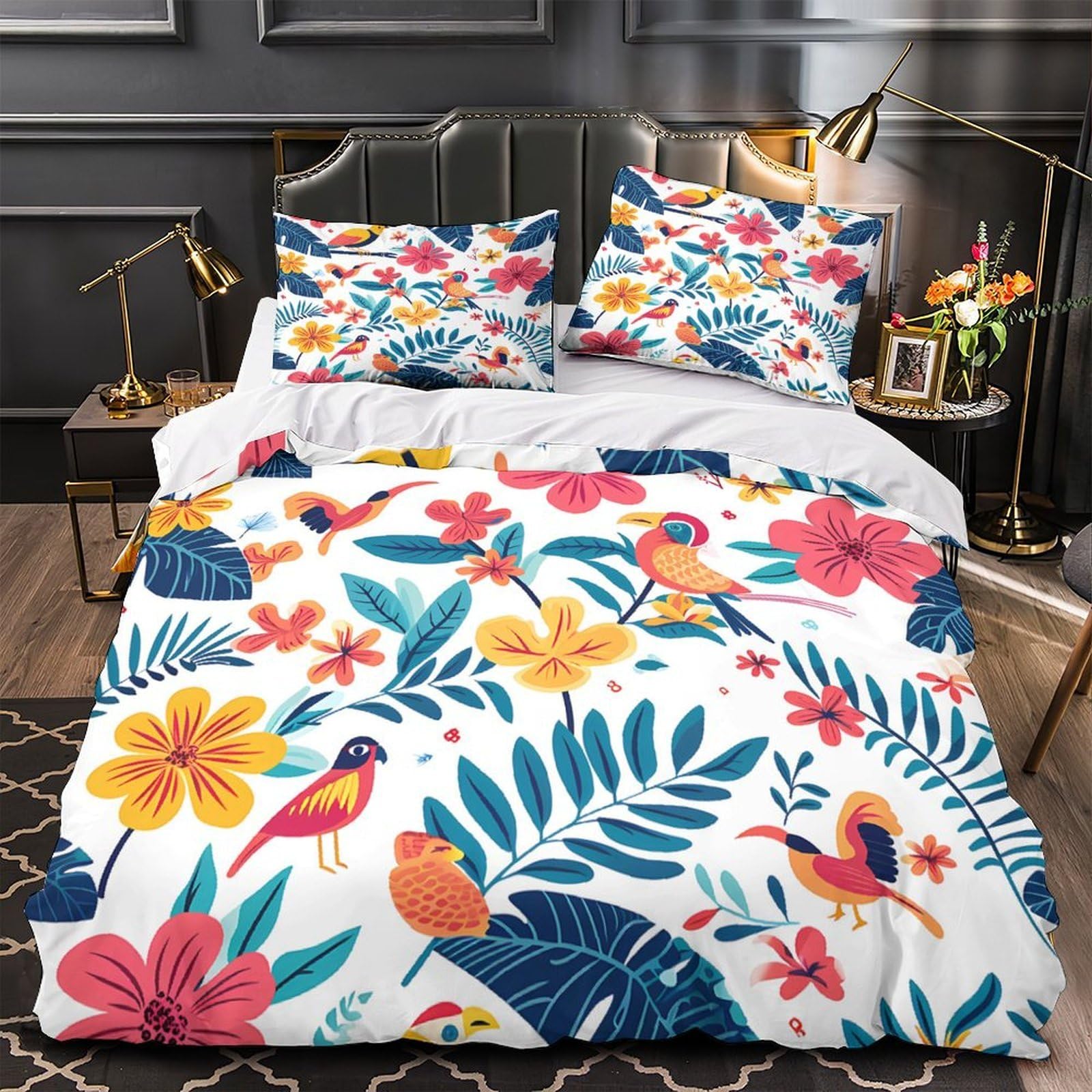 Housse de couette oiseaux tropicaux sans repassage avec zip 140x200