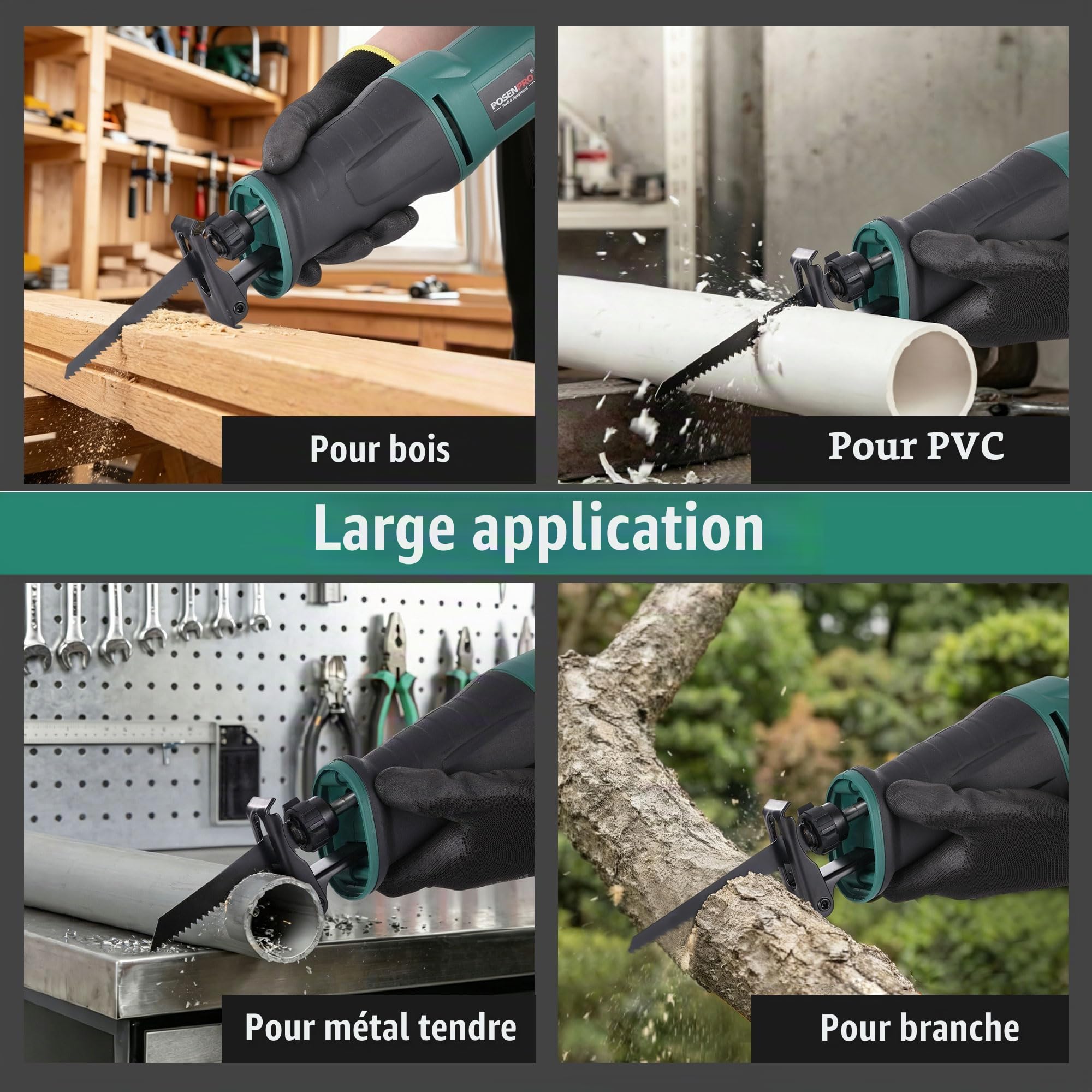 POSENPRO Scie Sabre 750W Professional, Course de 22mm, Poignée Rotative à 180°, Vitesse Variable 0-2800 SPM, Changement de Lame Sans Outil, Scie Sabre Filaire Idéale pour Coupe Bois, Métal & PVC