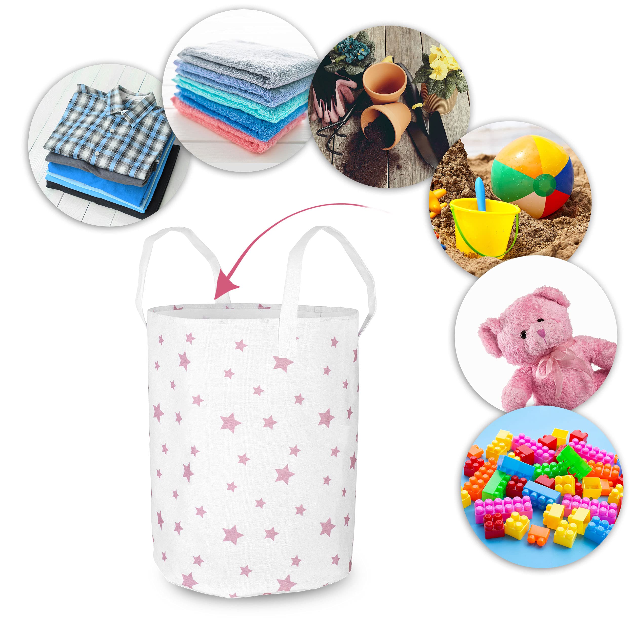 Nukido Cesta de juguete - Cubo de juguete - Cesta de almacenamiento para habitación infantil - Almacenamiento para ropa - Organizador de ropa y mantas - Grande - Blanco con estrellas - 60 cm x 35 cm