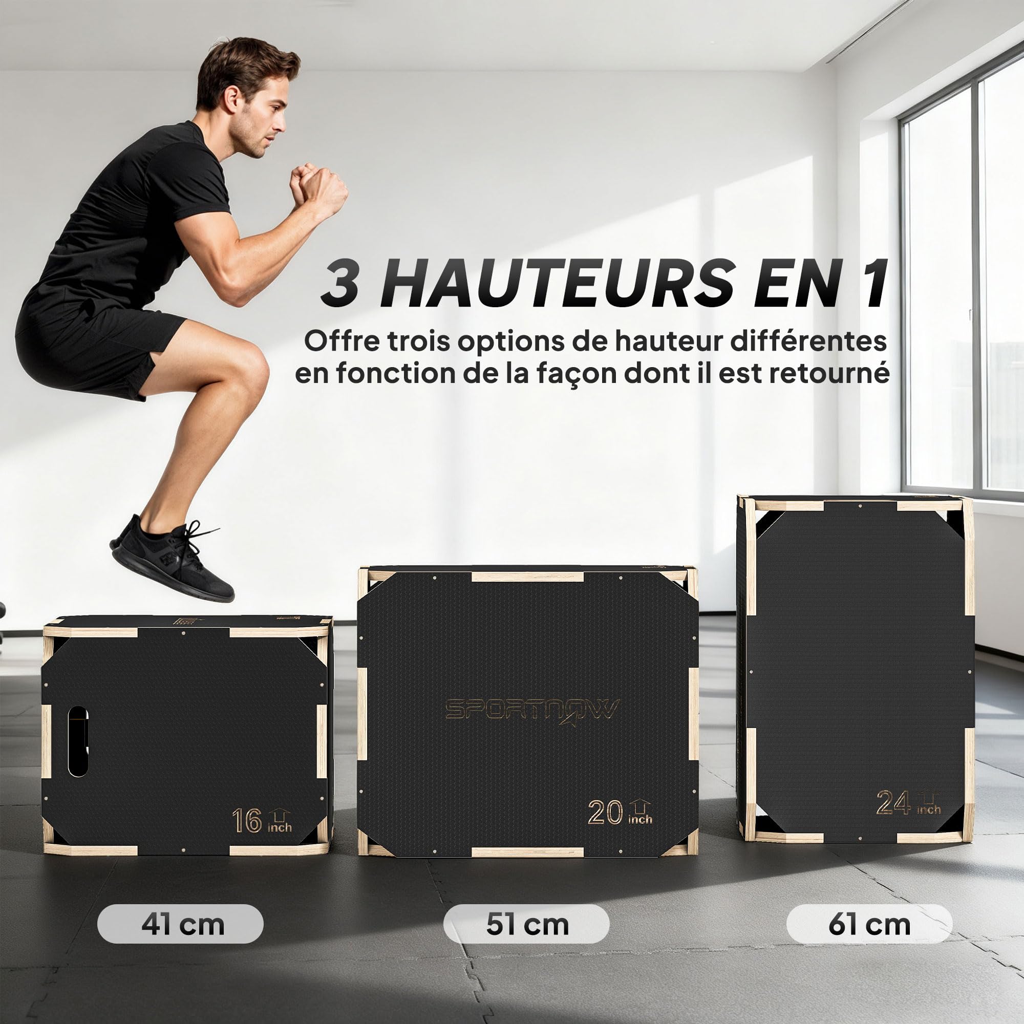 SPORTNOW Box Jump Pliométrie 3 En 1 Appareil Boîte à Saut Antidérapant Musculation Fitness & Entraînement Croisé Plyobox Pour Box Training En Bois, Hauteur 30/35/40 Cm, Noir
