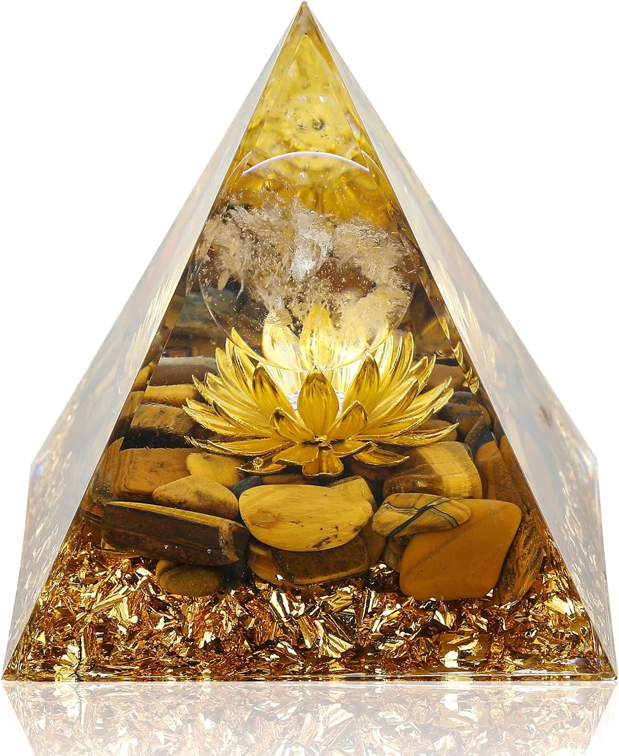 Hopeseed Orgone Pyramid Flower of Life Orgonite Money Healing Crystals Pyramid for Positive Energy with Tiger's Eye Stones and Luck White Crystal that Promotes Wealth, Prosperity and attracts Success
