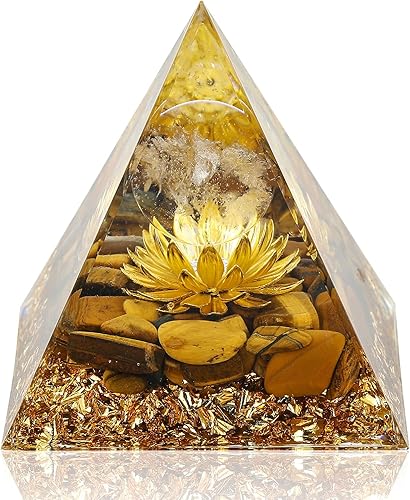 Hopeseed Pirámide de orgón Flor de la vida Orgonita Dinero Cristales curativos Pirámide para energía positiva con piedras de ojo de tigre y cristal