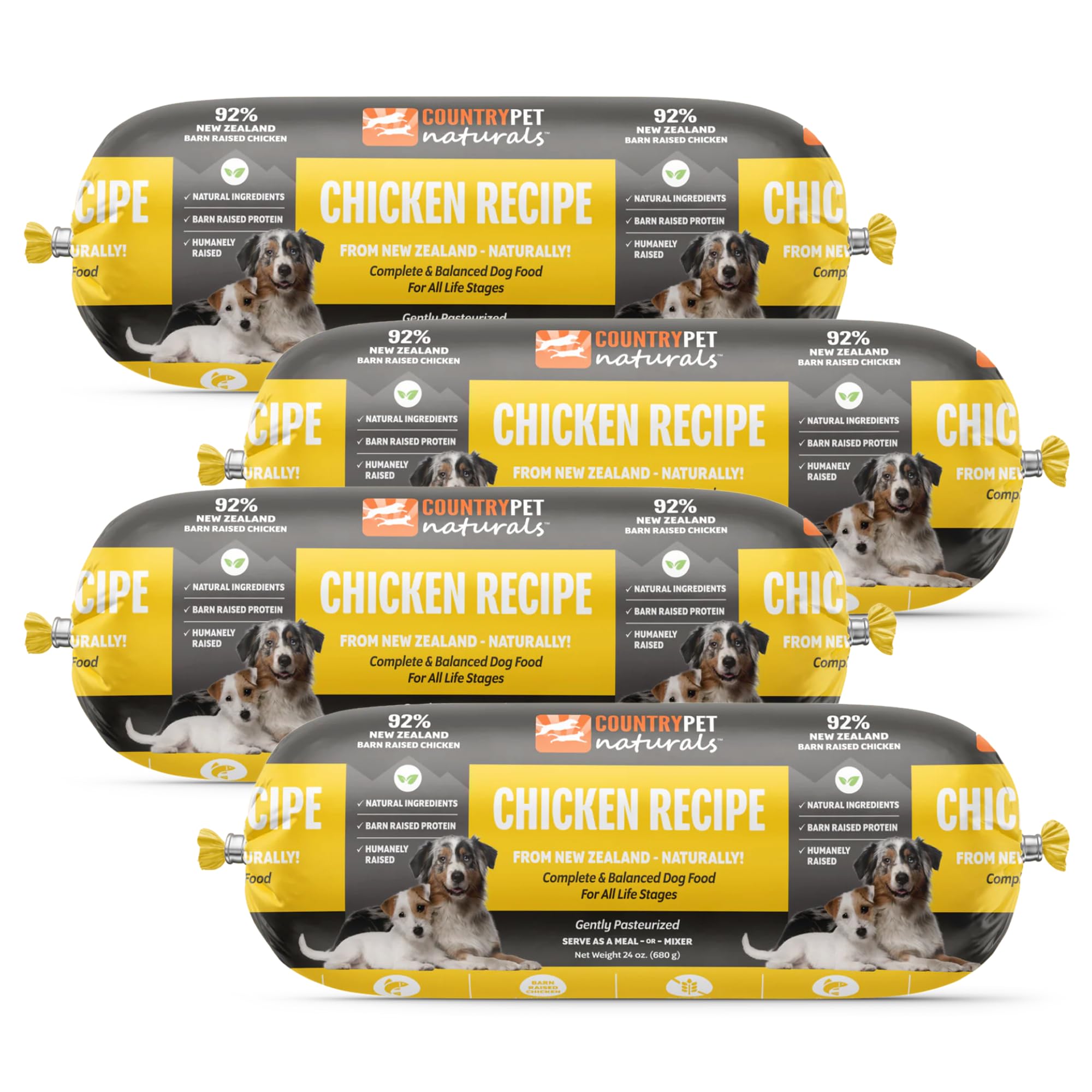 New Zealand Chicken Frozen Fresh Dog Food, High-Protein 91% Free-Range Meat, Gently Cooked, Grain-Free, Omega-3s, 4-Pack (6 lb)