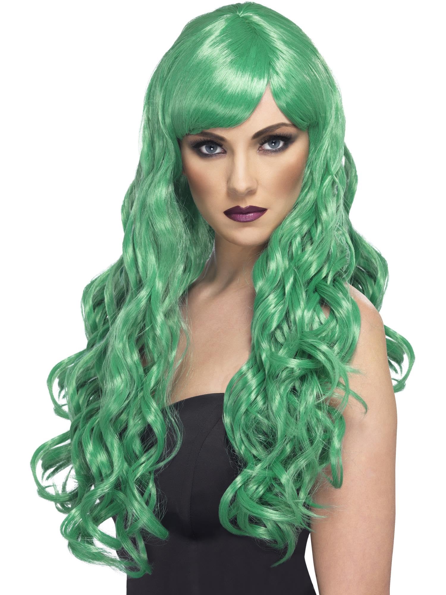 Smiffys Desire Wig, Green Long, Curly with Fringe, Ladies Glamour Wigs Fancy Dress, Adult Dress Up Wigs