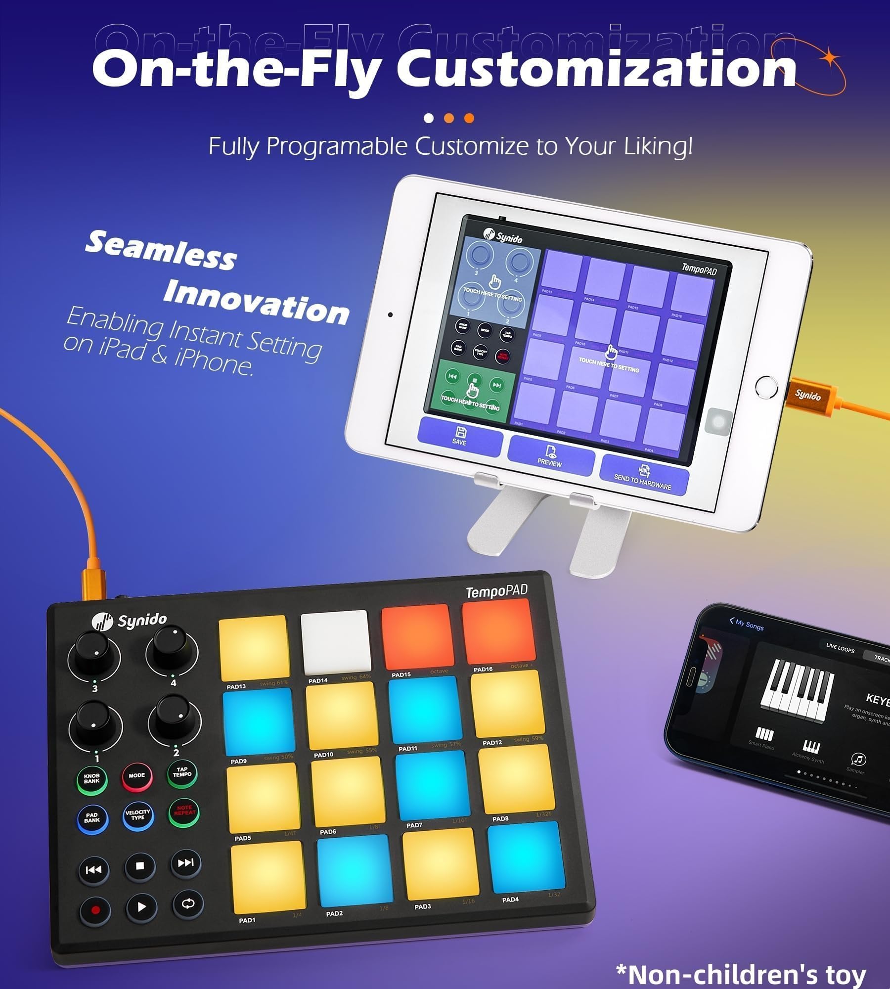 Synido TempoPAD Machine à rythmer pour la production musicale, contrôleur de pad MIDI USB portable pour débutants avec sac de transport durable, 16 coussinets rétroéclairés, 4 assignables