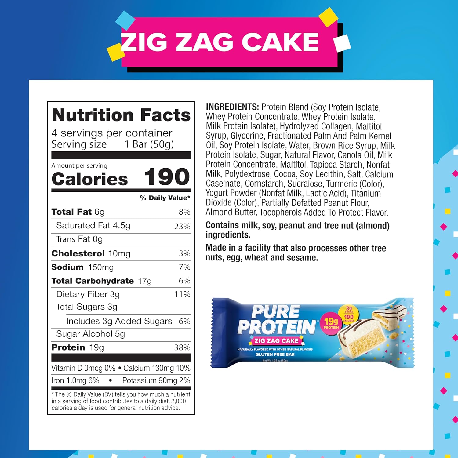 Pure Protein Zig Zag Cake Protein Bars – 19g Protein, 3g Sugar, 190 Calories (4 count) Low Sugar* High Protein Snack - Gluten Free - Perfect for a Healthy Snack.