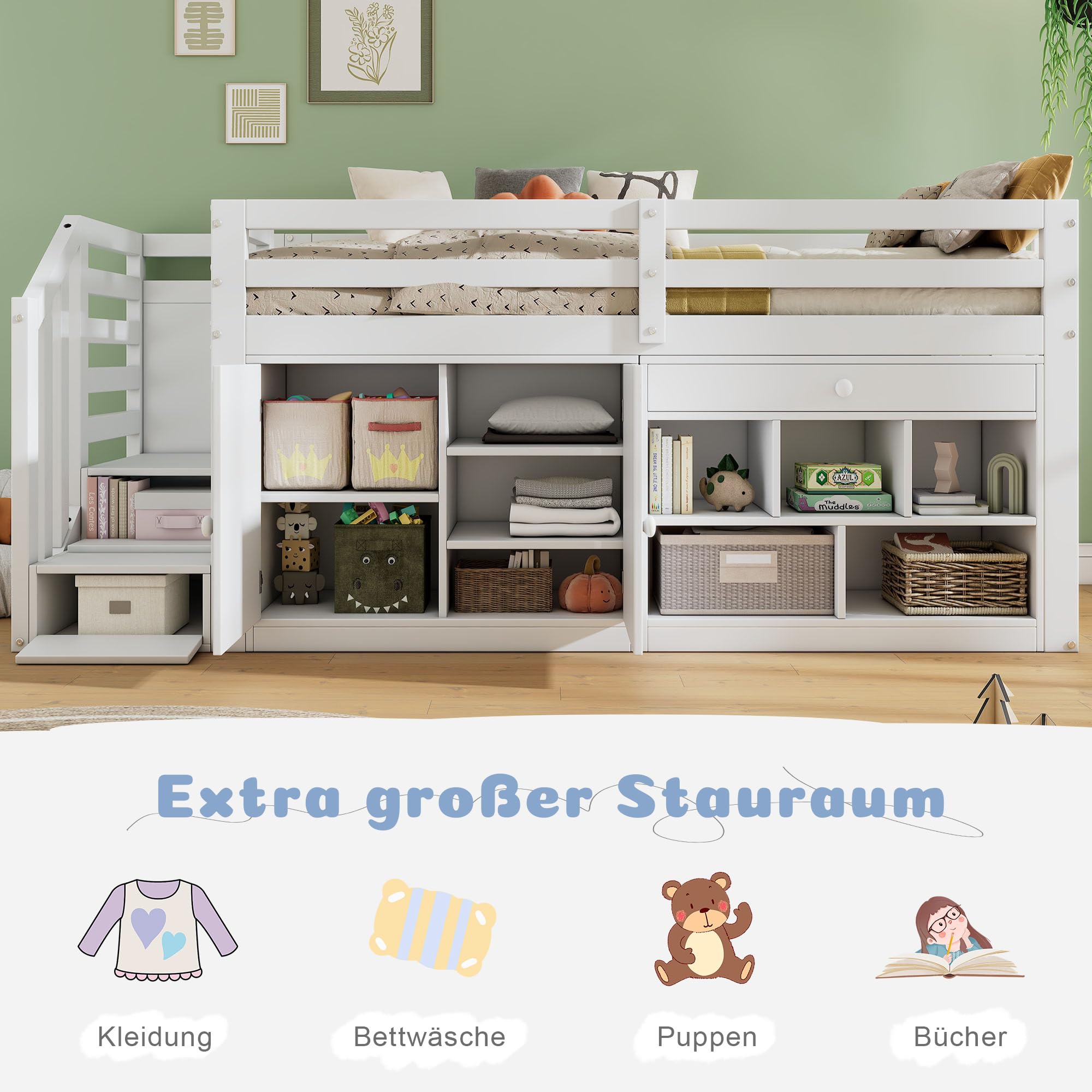 LAKFEW Etagenbett Kinderbett 90x200 cm, Einzelbett Holzbett mit Treppe, Schubladen und Stauraum, Hochbett Stauraumbett mit Schreibtisch und Rausfallschutz, Bett mit Lattenrost, ohne Matratze, Weiß