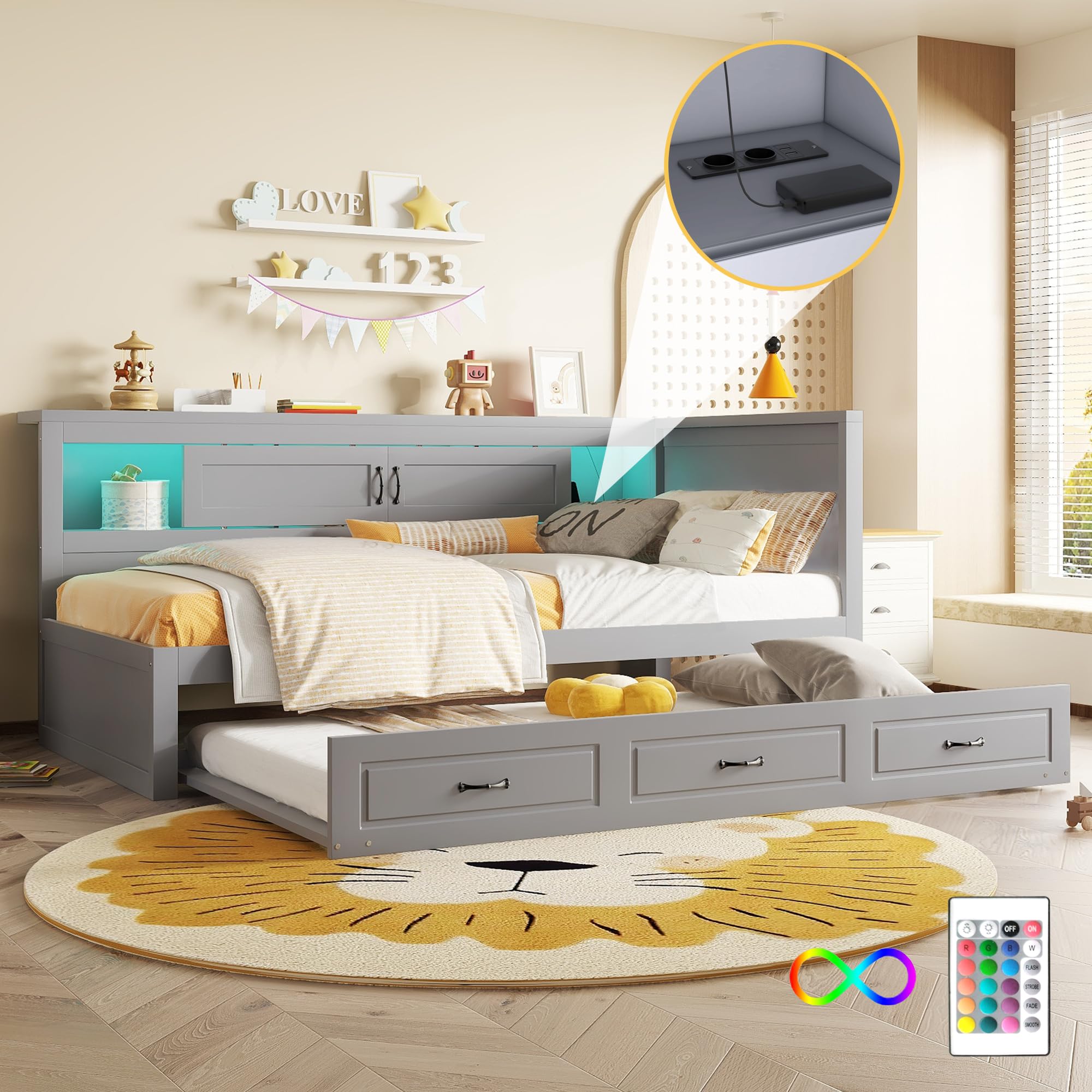 Azkoeesy Letto funzionale, divano letto con letto estraibile, armadio e ante scorrevoli, presa USB, illuminazione a LED, senza materasso (grigio, 90 x 190/200 cm)