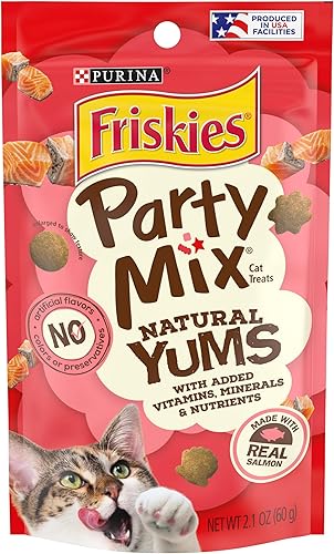 Purina Friskies - Golosinas naturales para gatos, mezcla de delicias naturales con salmón real y vitaminas, minerales y nutrientes, (10) bolsas de