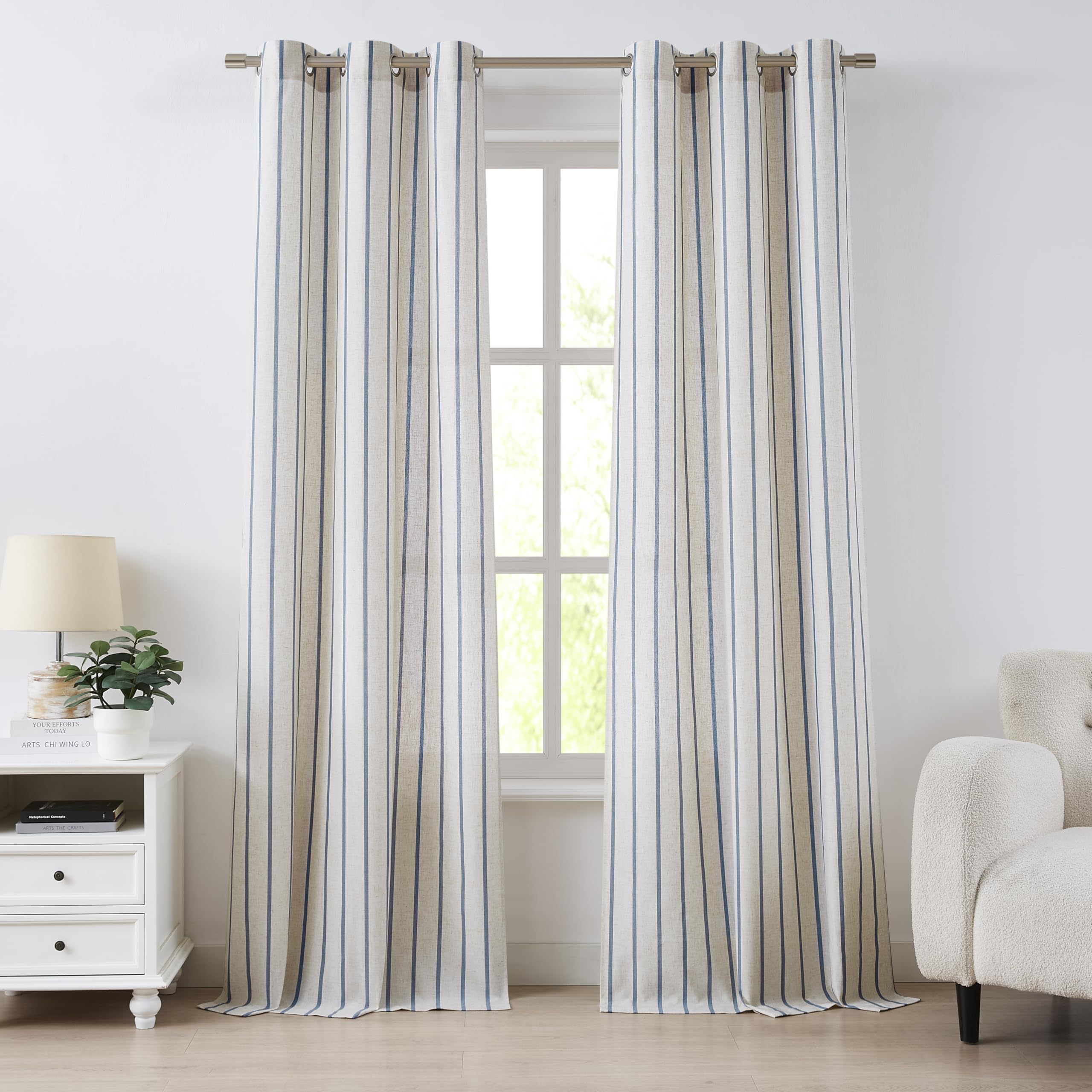 Bapawfish Dusty Blue Stripe Semi Sheer Window Curtain Panels 90 Inch Length