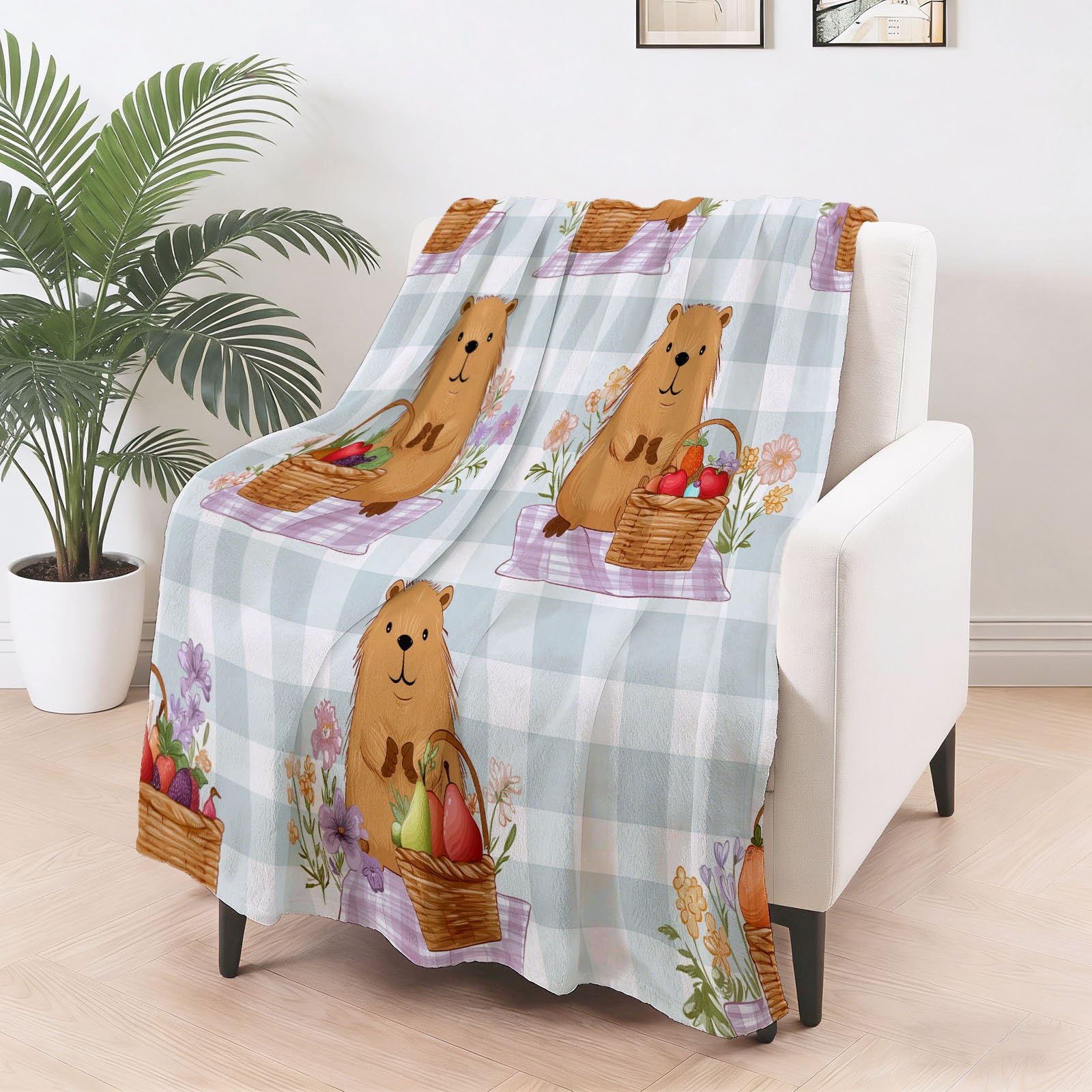 Ländlich Rustikal Kuscheldecke Capivara Picknickkorb Karo Decke Tagesdecke Wohndecke Grün, Couchdecke Weich Warm Flauschig, Sofa Decke für Reisen Zelten Outdoor, 150 x 200 cm