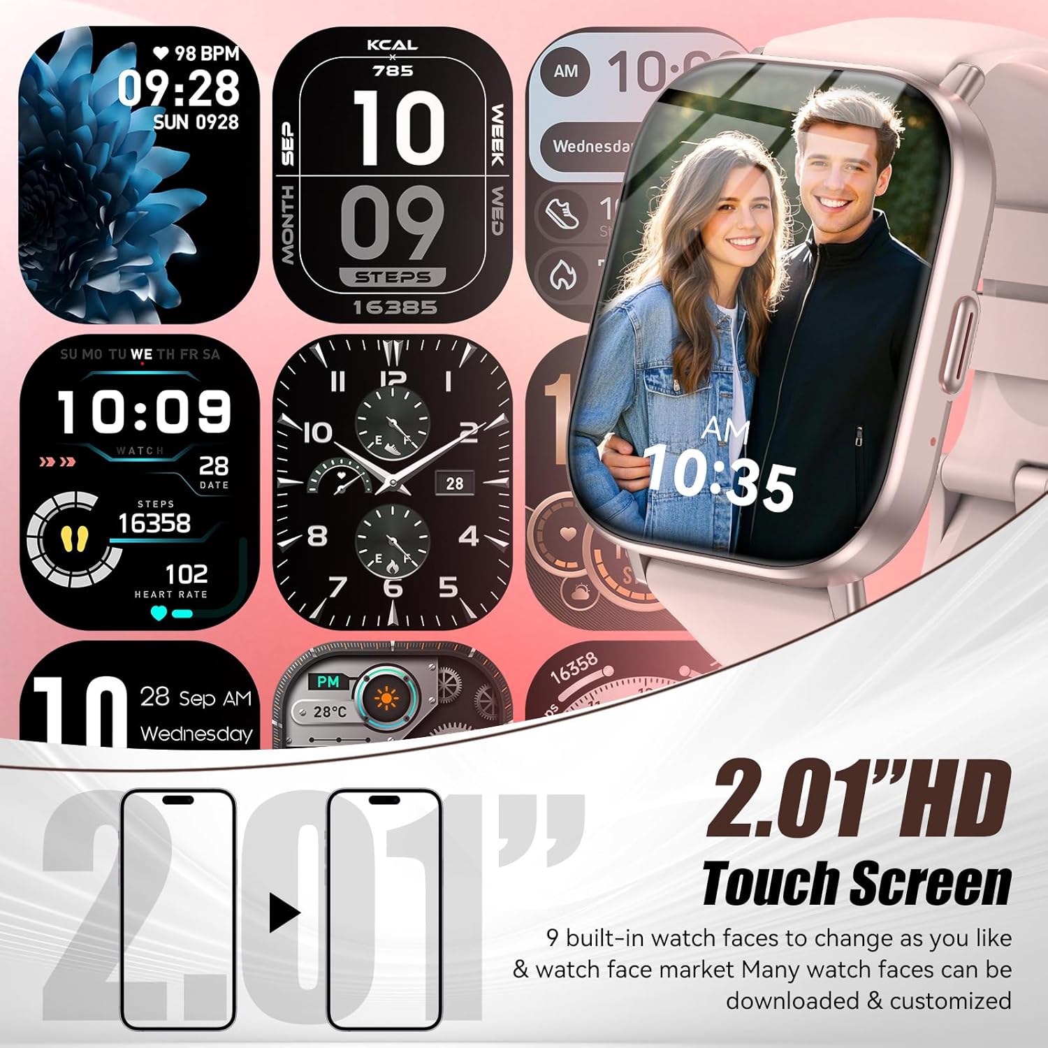 The 2.01-inch HD touchscreen of the G128 Smart Watch displaying various customizable watch faces.