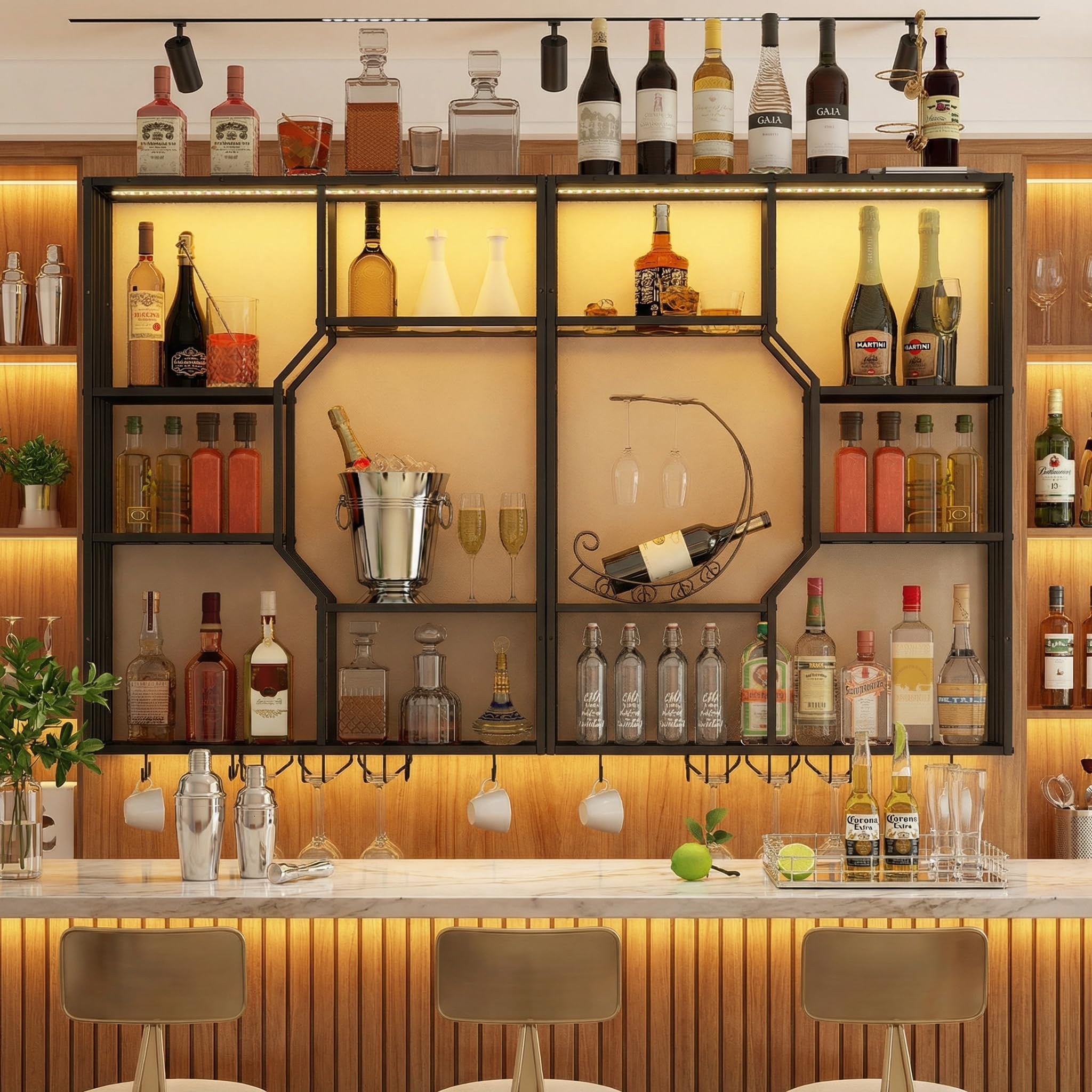 YOURLITE 3-Tier Bar Shelves, Wall Mounted Wine Rack with LED Lighting, Wall Bar with Wine Display Stand, Bar Shelf with Glass Holder for Living Room Kitchen Coffee Wine Bar, Black