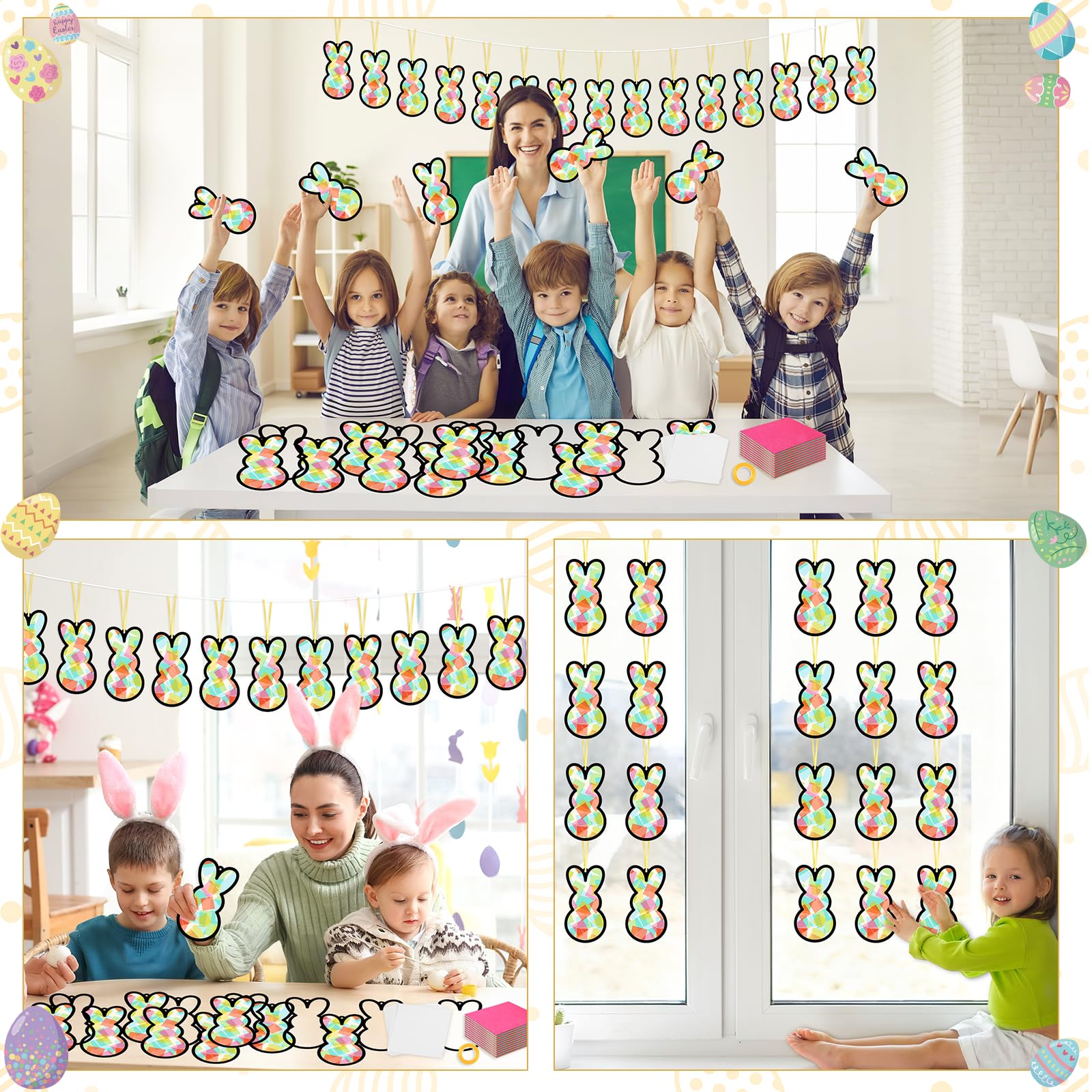 Qyeahkj Juego de 36 atrapasueños de conejo de Pascua, manualidades para niños, conejos coloridos, kit de manualidades de papel de seda, decoración colgante para Pascua, aula, hogar, actividad