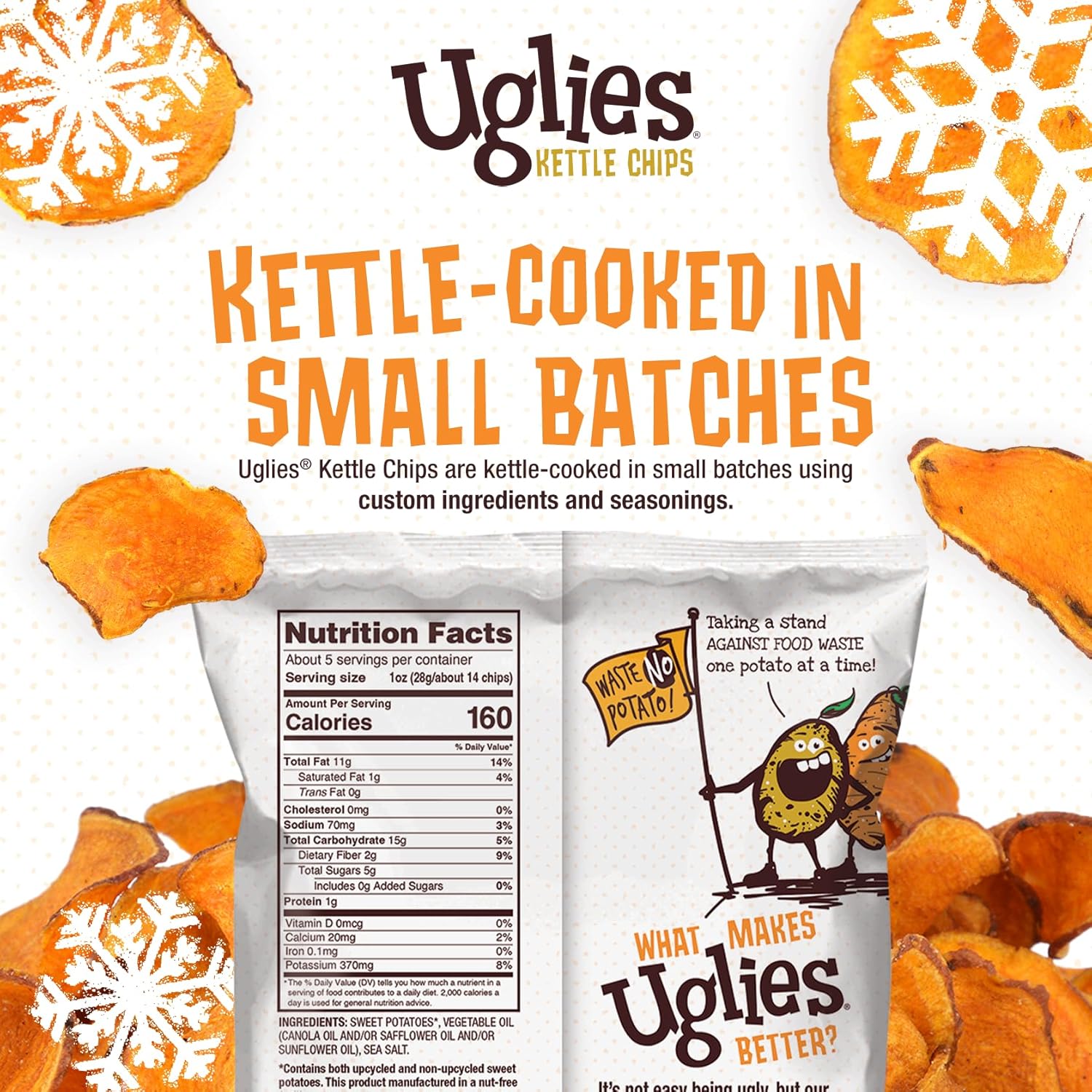 UGLIES Sweet Potato Kettle-Cooked Potato Chips, Gluten-Free Snacks, Kosher-Friendly Chips, Non-GMO Snacks for Kids or Office, Lunch Snacks, Individual Snack Packs, 5.5 Oz. Bags, Pack of 12