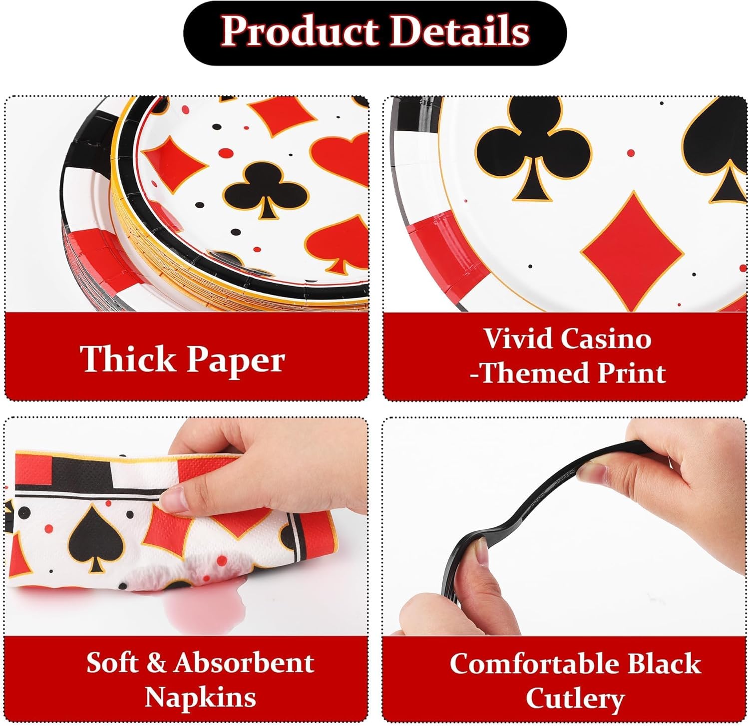 Kochorie 147 PCS Casino Party Supplies Set for 16 Guests Disposable Plates Cups Napkins Cutlery Straws Casino Theme Party Decorations for Poker Night Vegas Birthday Game Night