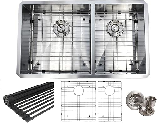Ariel - Fregadero de cocina de 32 pulgadas de radio doble cero de 32 pulgadas, acero inoxidable, doble cuenco 6040, radio cero calibre 16, fregadero