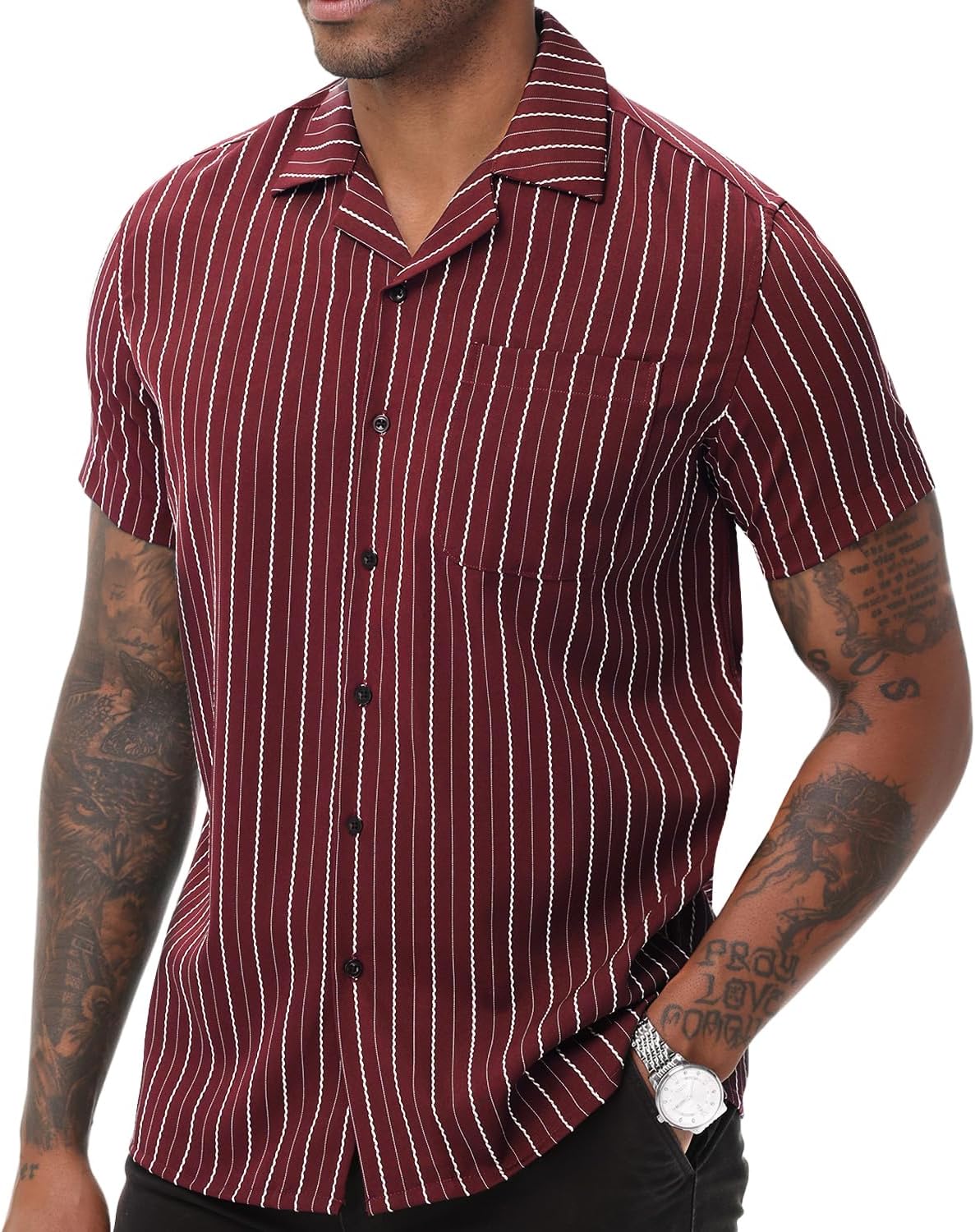 TUNEVUSE Men Hawaiian Shirt Vintage Striped Shirt Short Sleeve Summer Beach Causal Cuban Collar Shirt with Pocket - Image 2