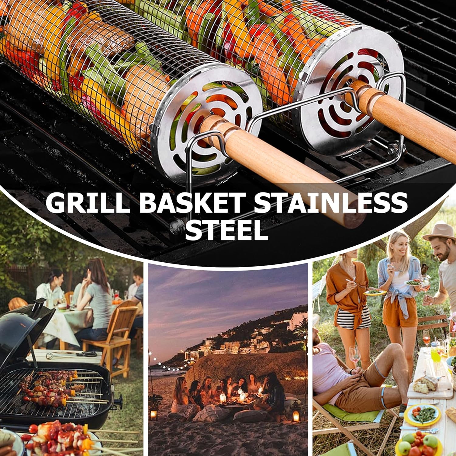 Rollendes Grillkorb Set mit Abnehmbarem Griff（2PCS）, Grillzubehör aus Edelstahl, Geeignet für Gemüse und Fleisch, Geeignet für Grillen und Camping im Freien
