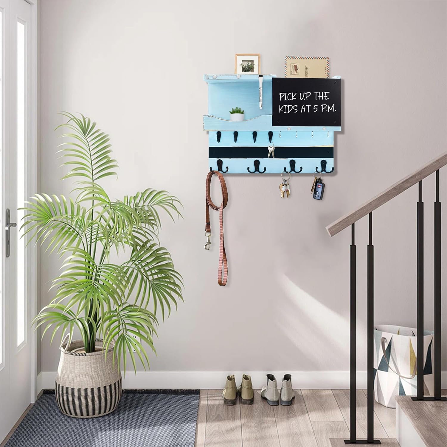 Key Holder for Wall Mount with Shelf and Mail Organizer, Key and Mail Holder with 16 Hooks, Farmhouse Entryway Organizer, Home Decor Rack(Pine Wood,Blue)
