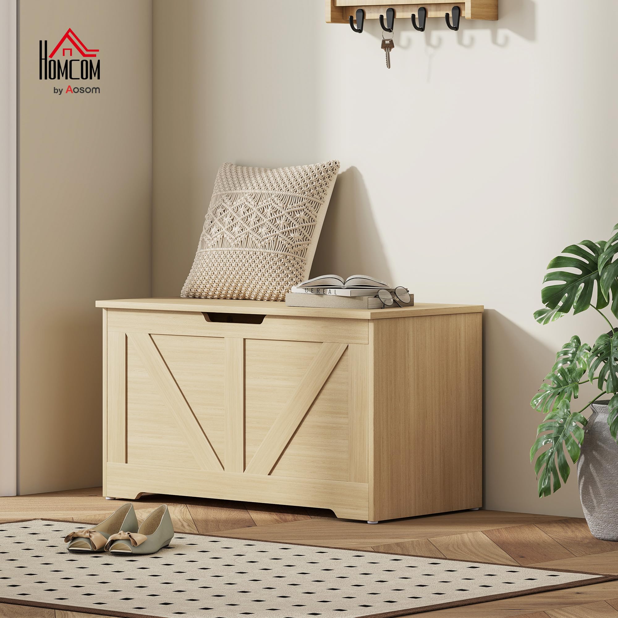 HOMCOM 100L Baúl con bisagra de Seguridad 80x40x45 cm Madera Natural | Baúl zapatero, tirador en U, caja para mantas, recibidor dormitorio sala de estar entrada
