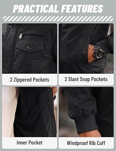 Miniatura 6 de TACVASEN Chaqueta de invierno para hombre, con forro polar, chaqueta militar cargo, cortavientos con cremallera frontal, cuello levantado, abrigo