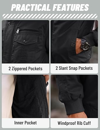 TACVASEN Men's Winter Jacket Fleece Lined Military Jacket Cargo Windbreaker Zip Front Stand Collar Coat with Multi Pockets