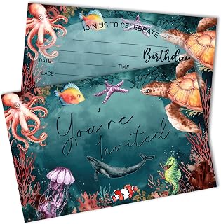 Ocean Theme Birthday Party Invitations 20 Count with Envelopes, Sea Animal Fill-in Invite Cards for Kids, Boys & Girls, Unique Underwater Celebration Supplies