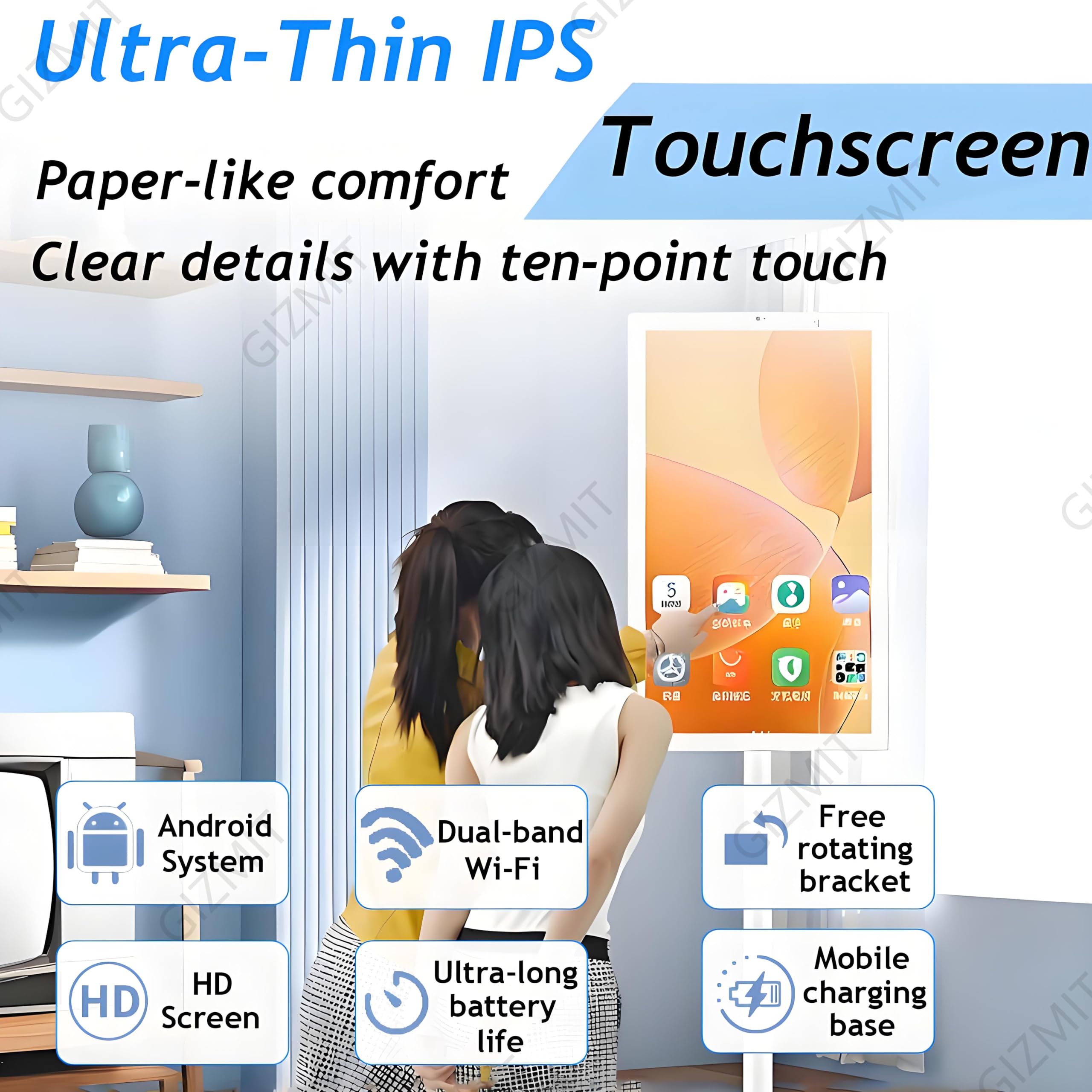 Televisor portátil con Ruedas, Smart TV portátil FHD de 32 Pulgadas con Android, Pantalla táctil giratoria, Altavoces duales, Gran Memoria Opcional, con Control Remoto C-4+64G