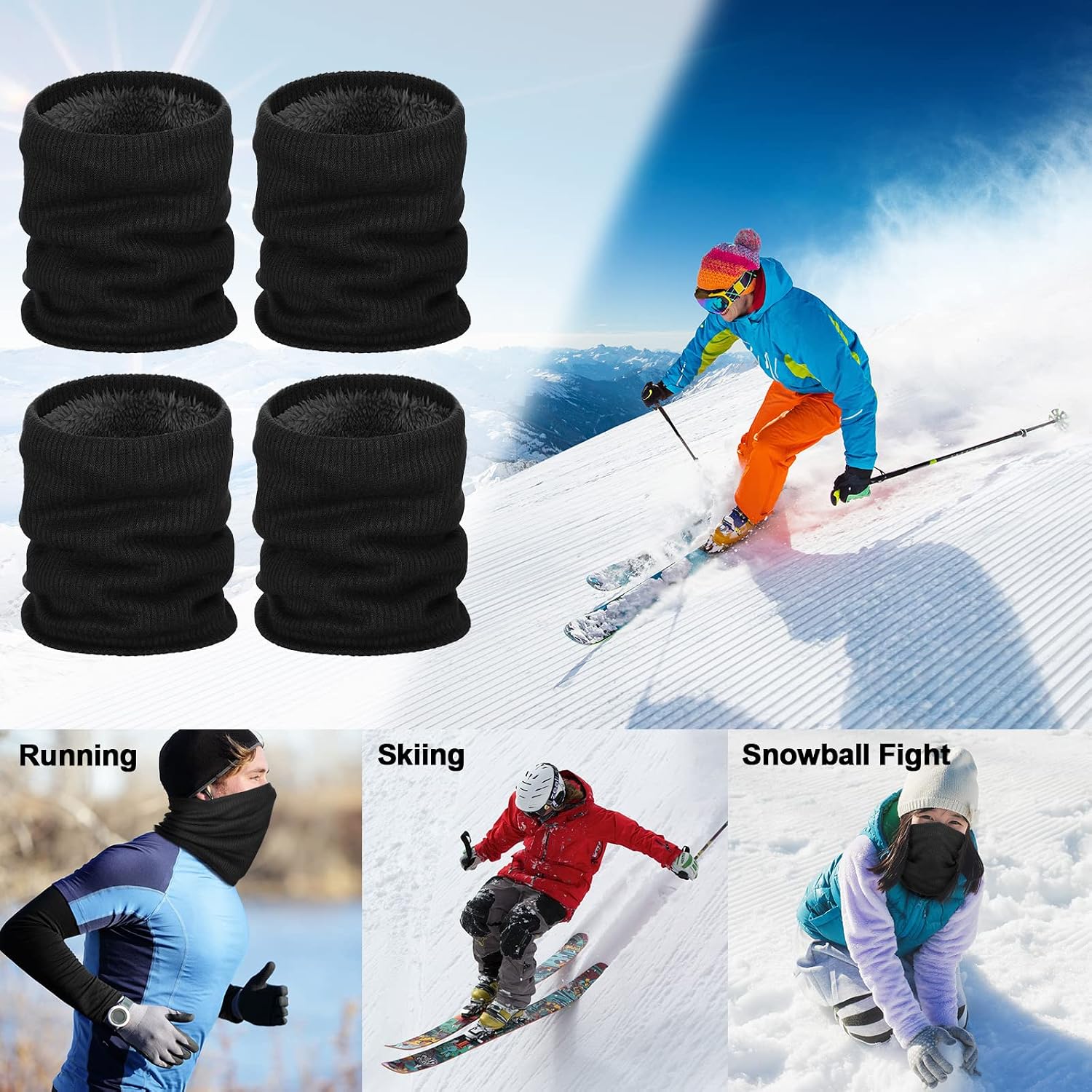 Syhood 4 Pack Winter Fleece Lined Neck Gaiters for Men Women Knitted Thermal Neck Warmer Thick Scarf for Cold Weather