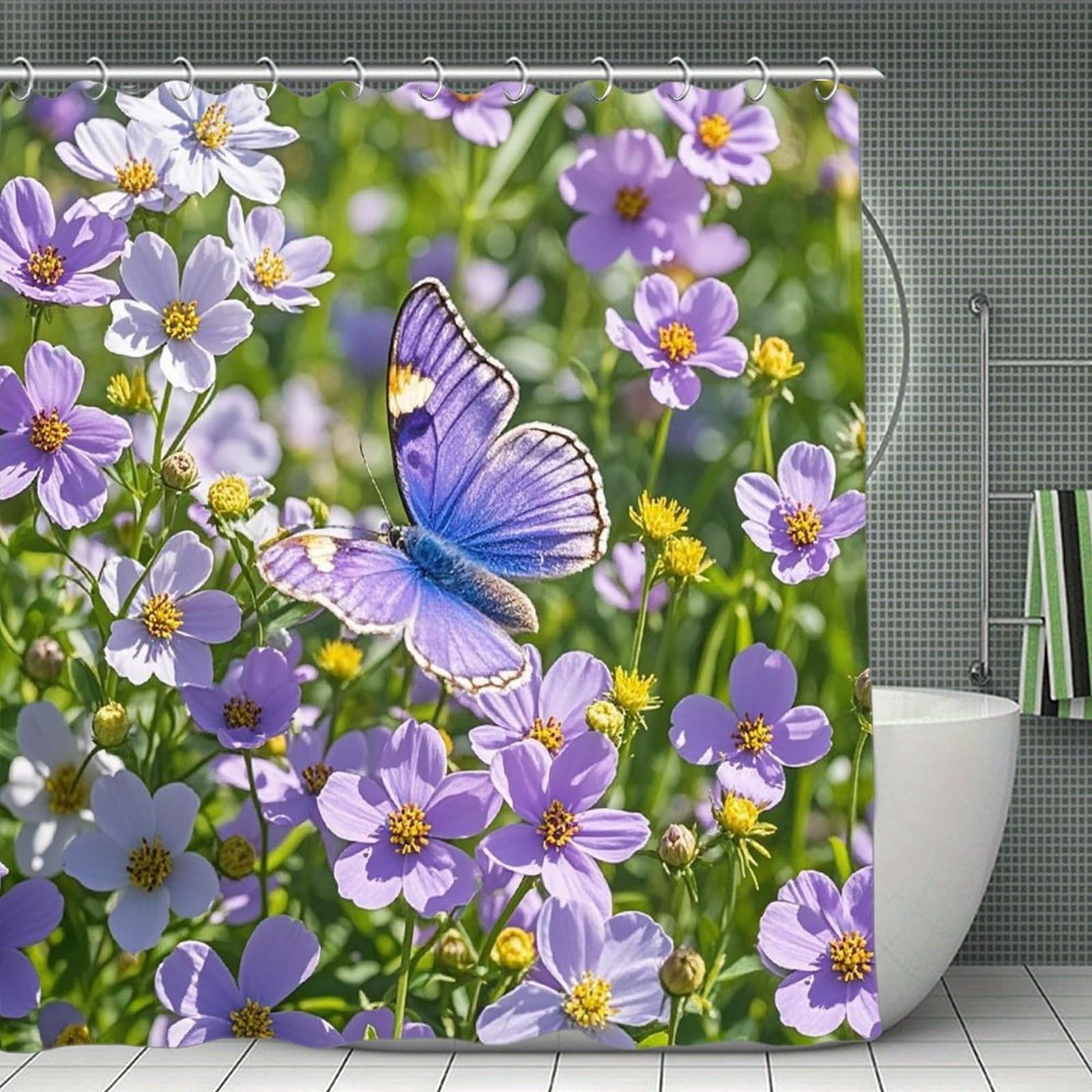 FekiLoot Purple Butterfly and Flowers Shower Curtain Minimalist Thick Bathroom Curtain Washable Modern Bathroom Shower Curtain Heavy Duty Waterproof Cloth Bath Curtain with Hooks 70.8"x70.8"